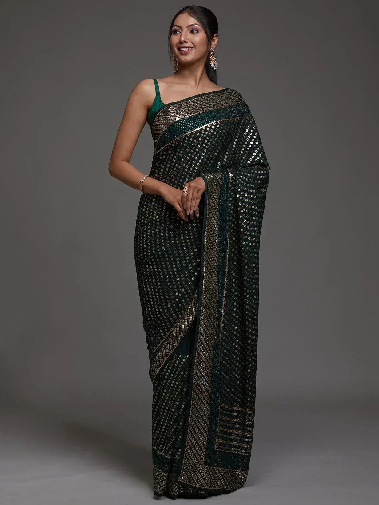 Tulsi Art Charming Green Sequins Georgette Reception Wear Saree With Blouse - Dista