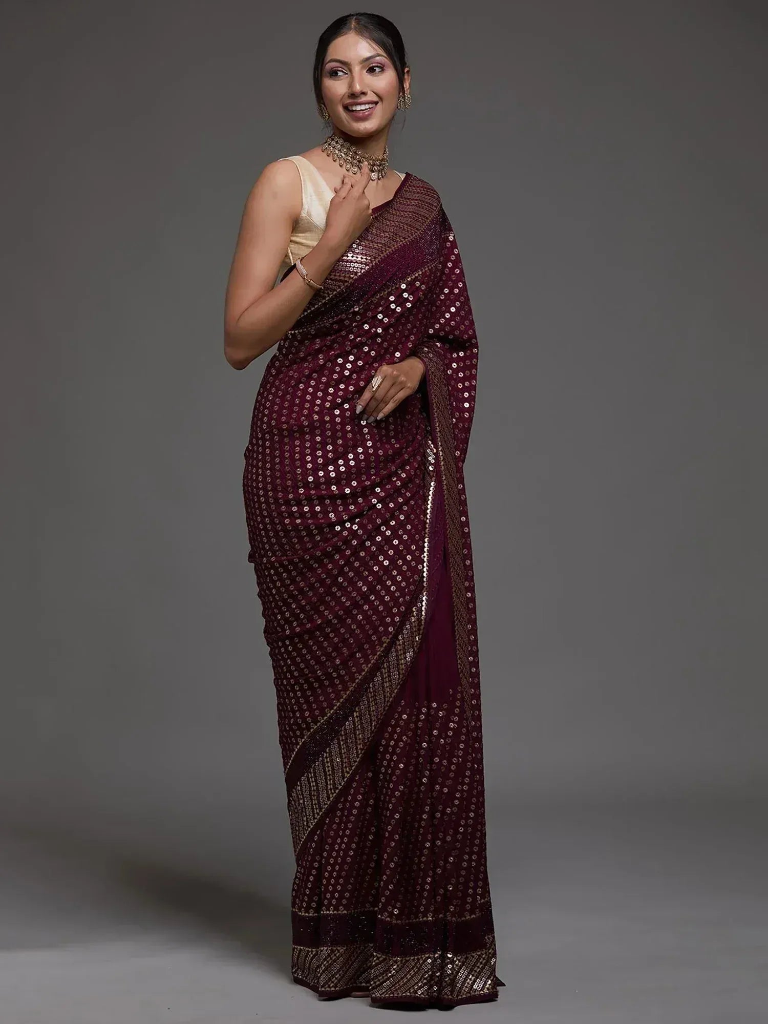Tulsi Art Precious Maroon Sequins Georgette Cocktail Party Wear Saree - Dista
