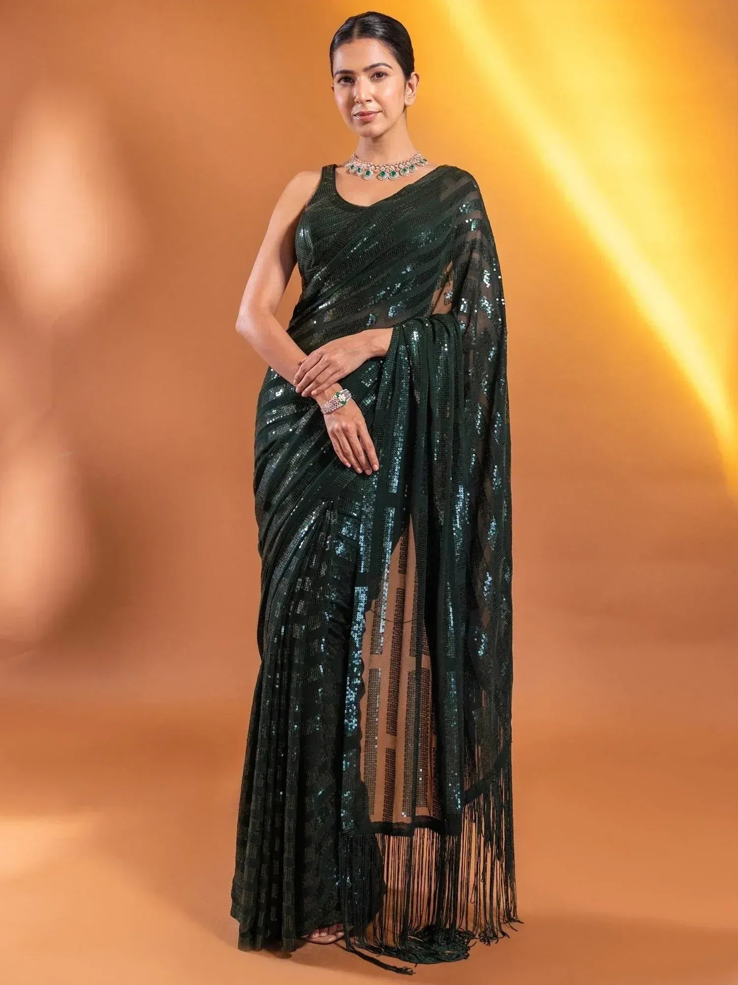 Tulsi Art Gorgeous Green Sequins Georgette Party Wear Saree With Blouse - Dista
