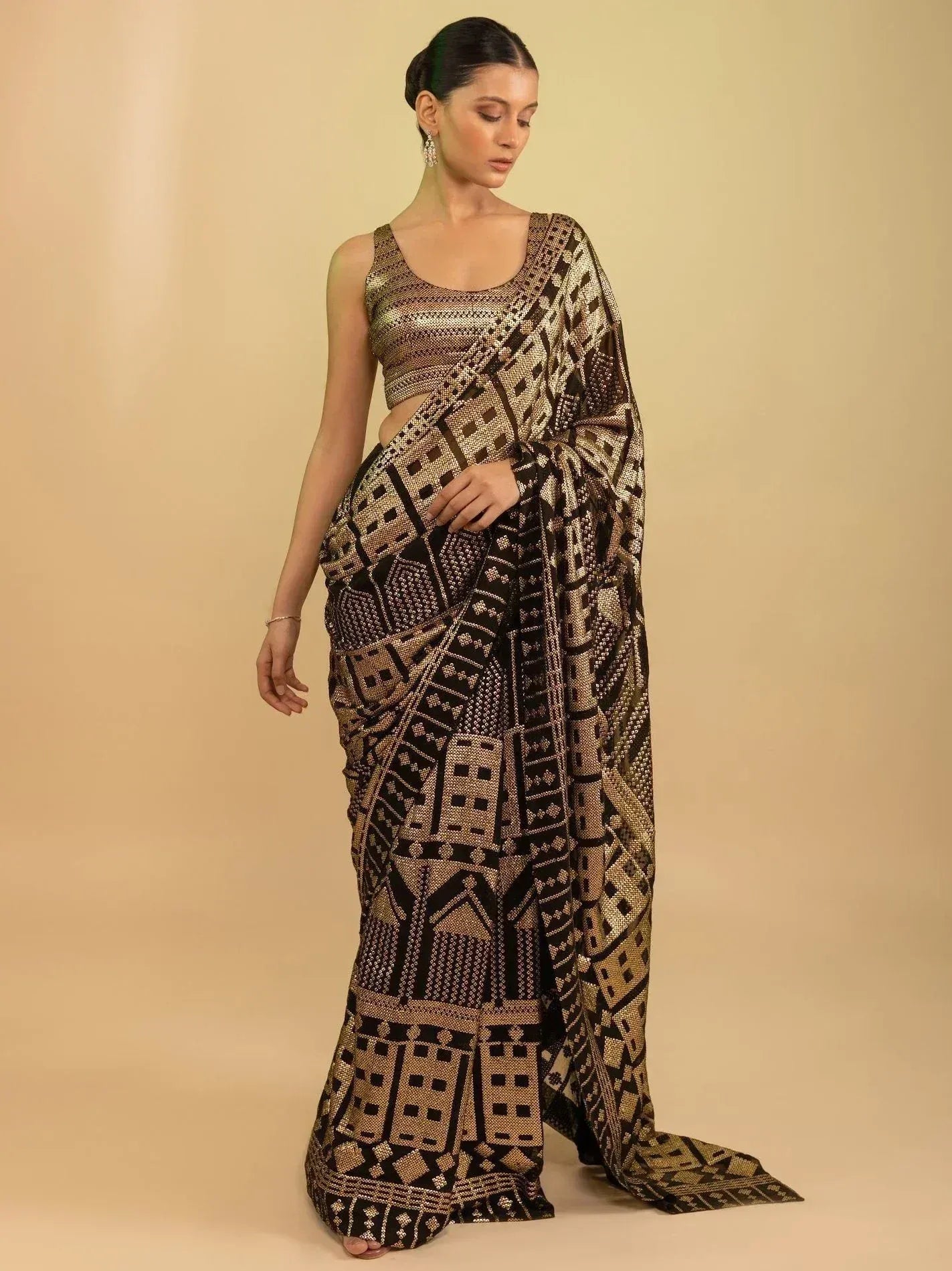 Tulsi Art Enchanting Black Sequins Georgette Event Wear Saree With Blouse - Dista