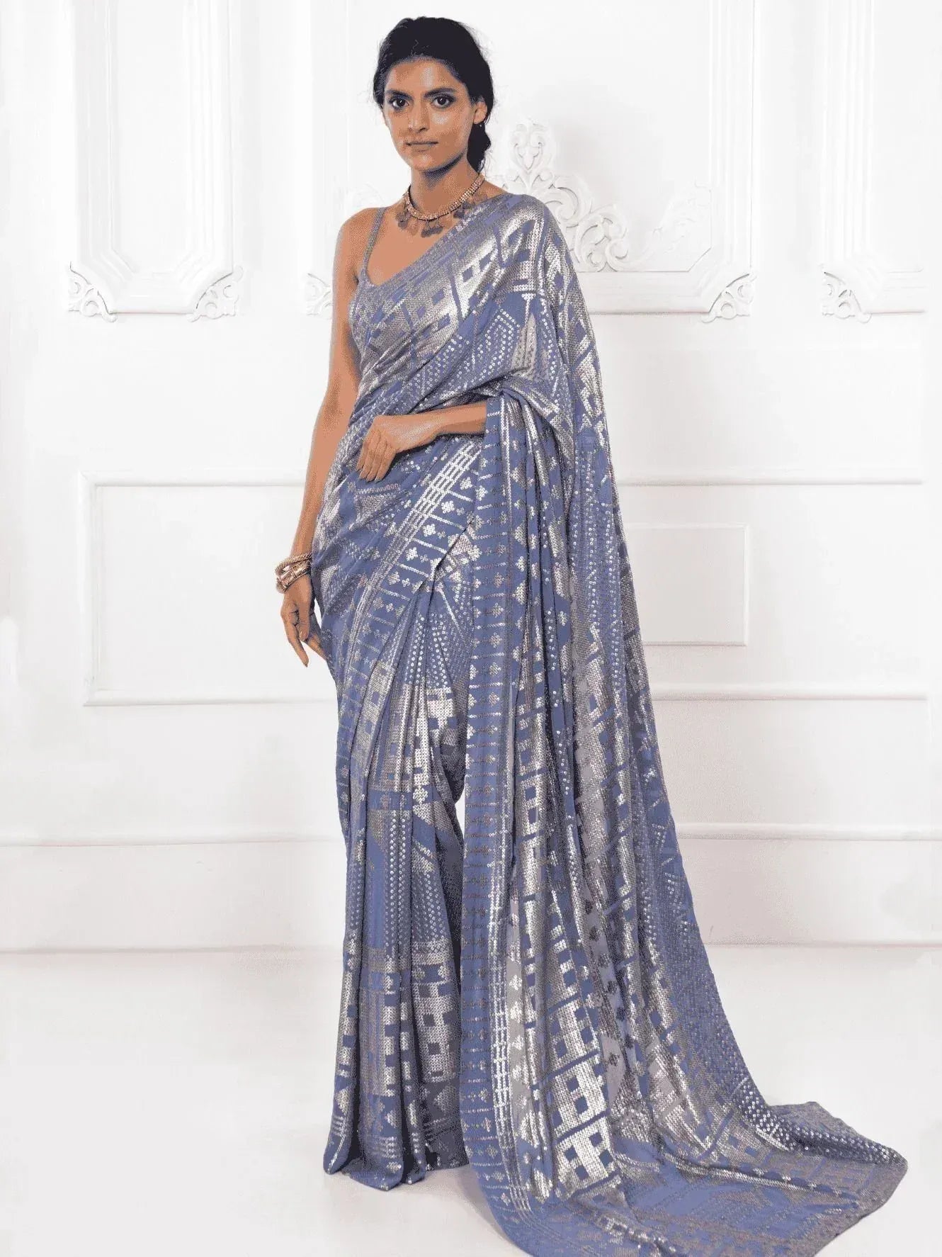 Tulsi Art Glamorous Grey Sequins Georgette Cocktail Party Wear Saree - Dista