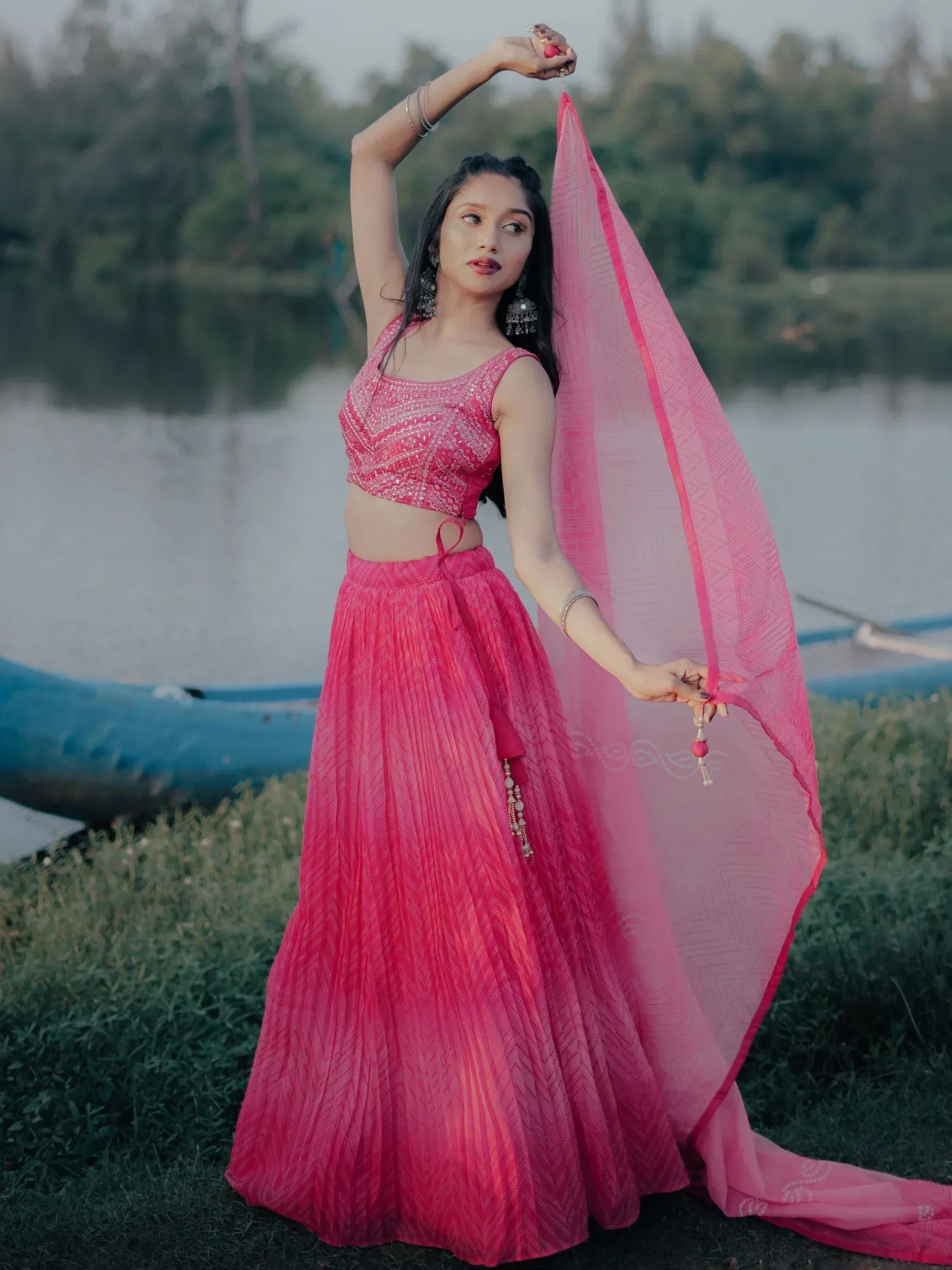 Tulsi Art Stunning Pink Digital Printed Organza Engagement Wear Lehenga Choli - Dista