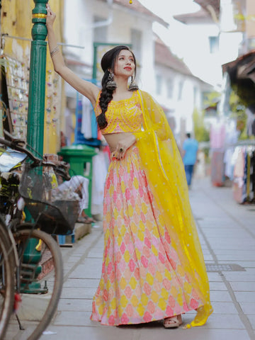 Tulsi Art Attractive Yellow Printed Organza Haldi Wear Lehenga Choli With Dupatta - Dista