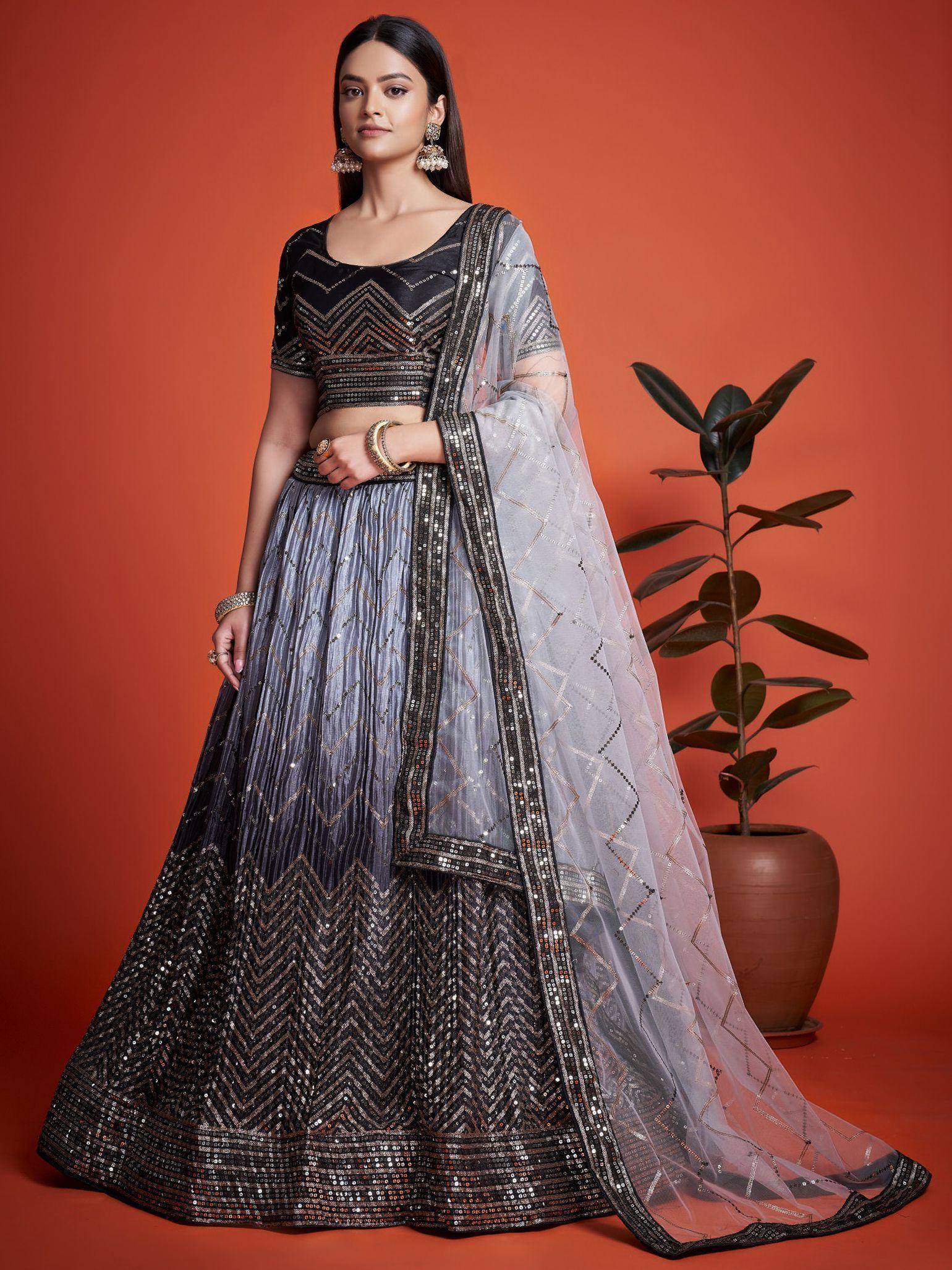 Tulsi Art Astonishing Black Sequins Chinon Reception Wear Lehenga Choli - Dista
