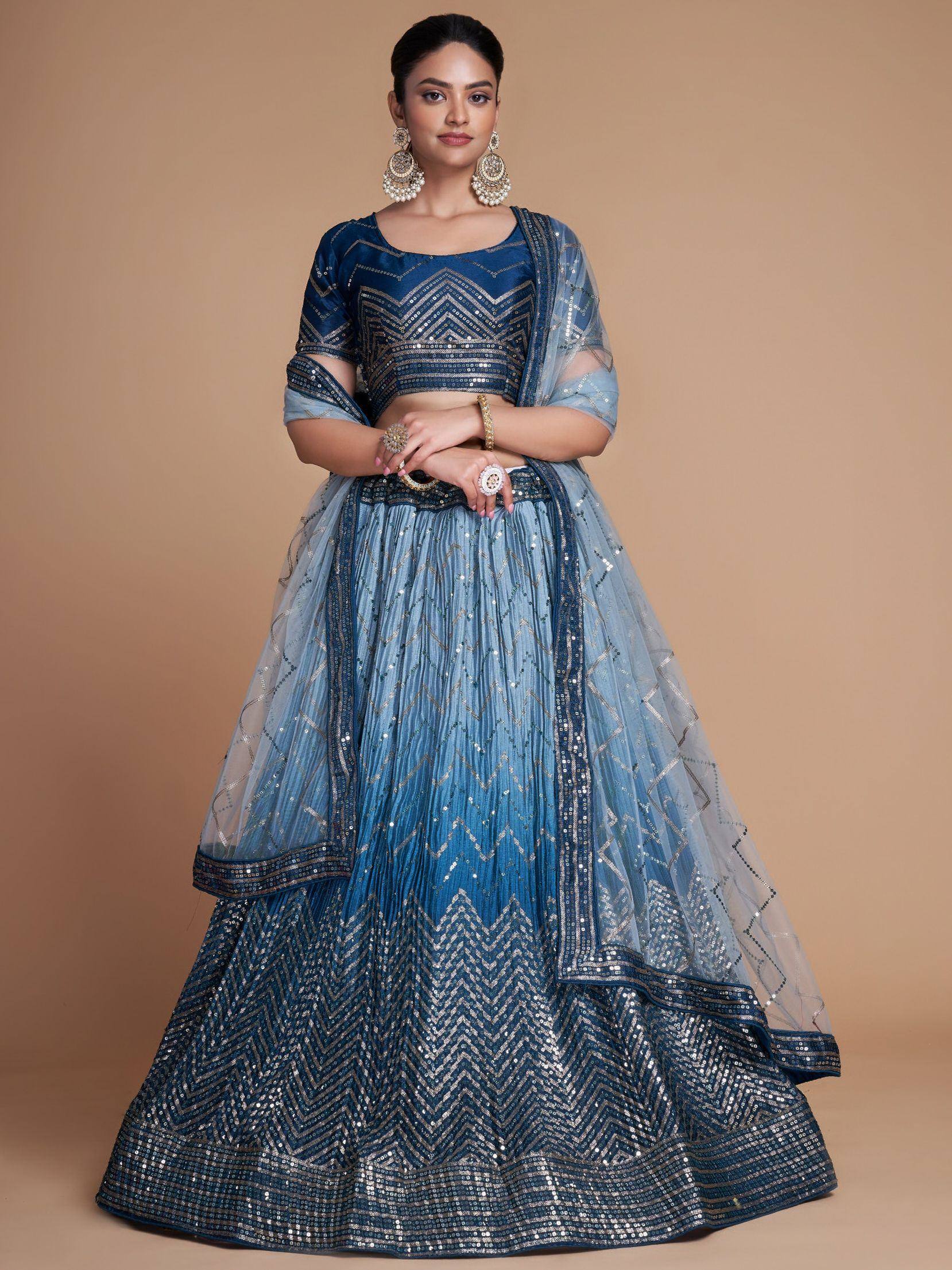 Tulsi Art Adorable Blue Sequins Chinon Sangeet Wear Lehenga Choli With Dupatta