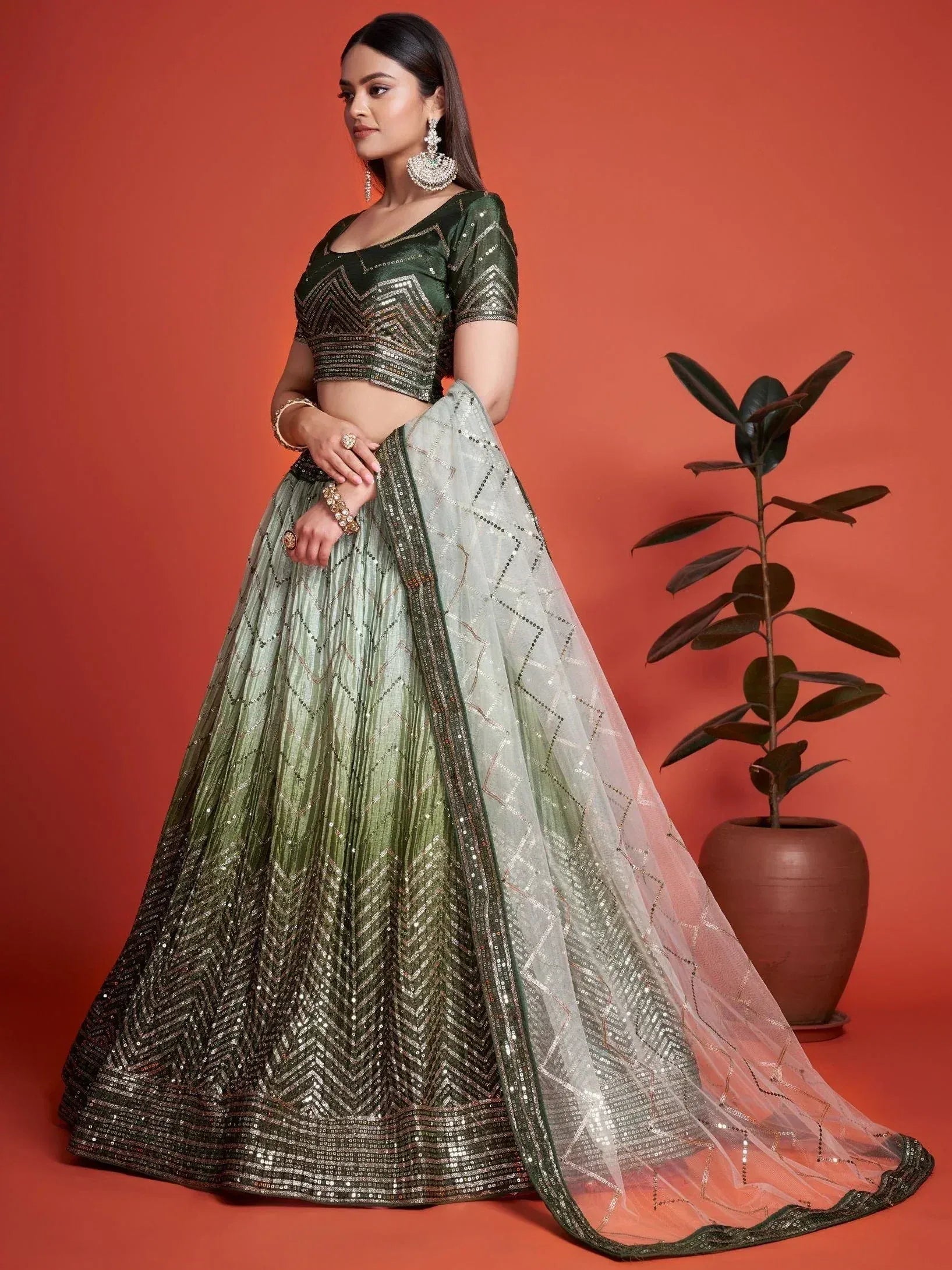Tulsi Art Alluring Green Sequins Chinon Mehendi Wear Lehenga Choli With Dupatta - Dista