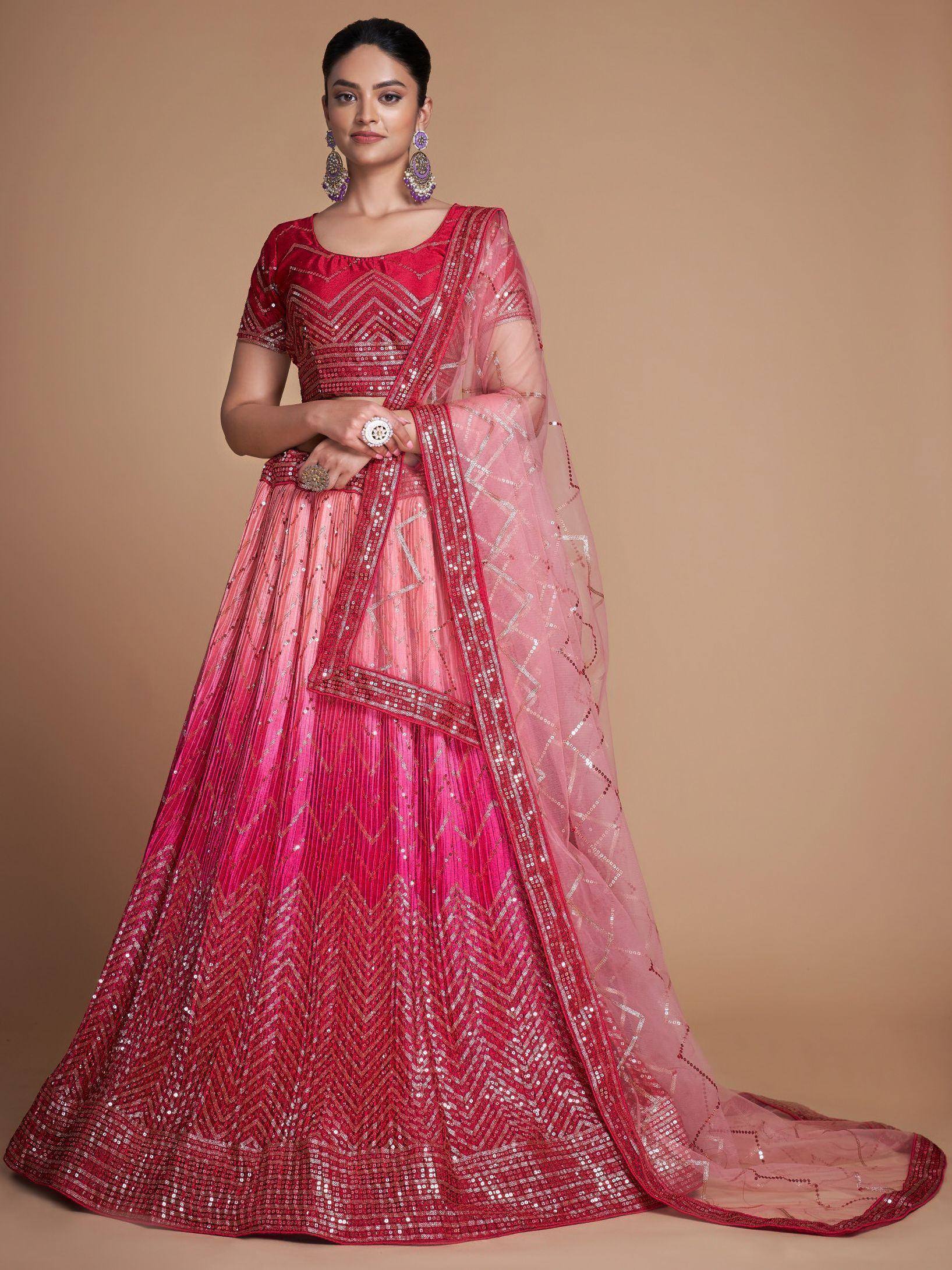 Tulsi Art Gorgeous Pink Sequins Chinon Bridesmaid Lehenga Choli With Dupatta - Dista