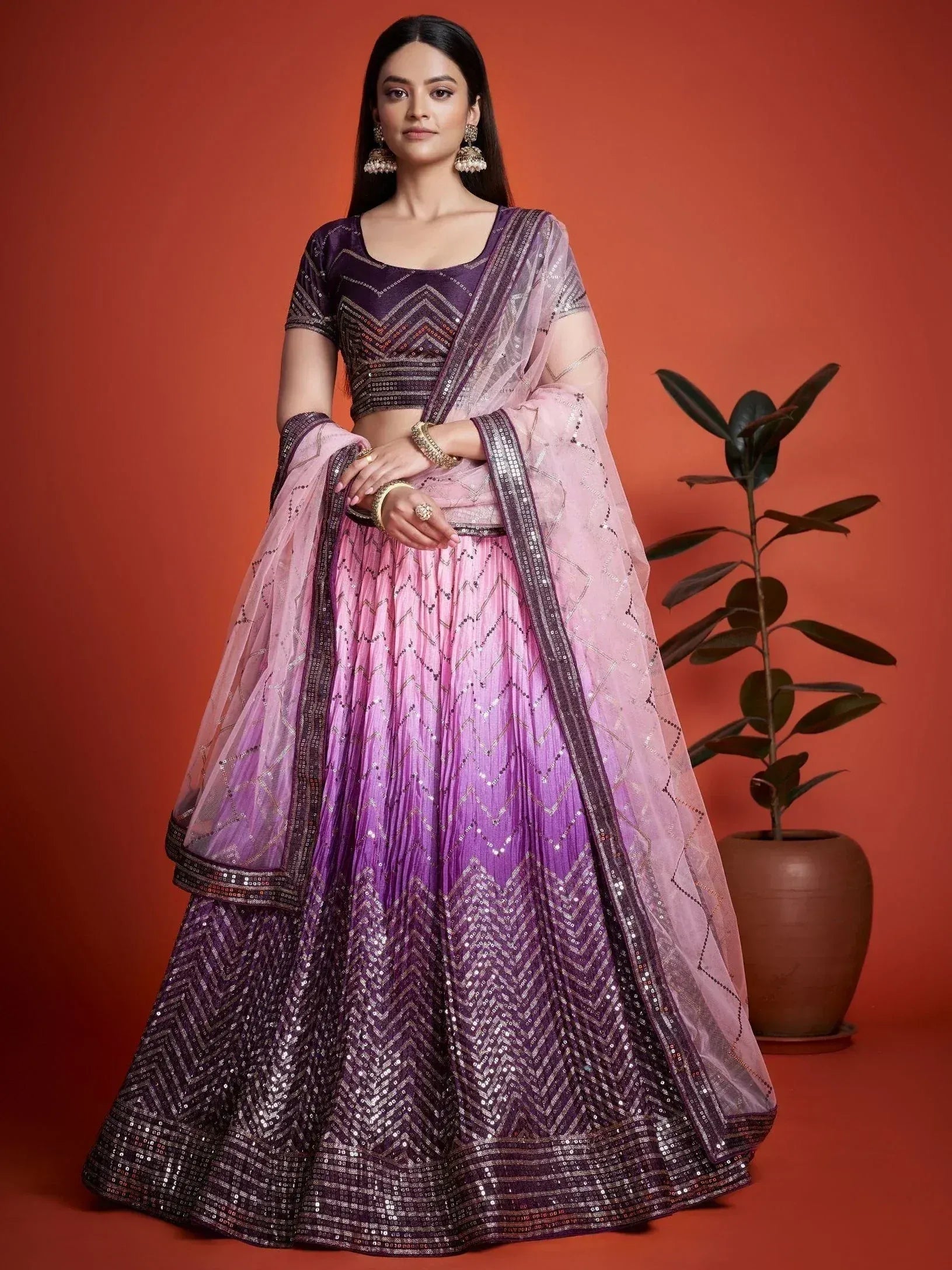 Tulsi Art Captivating Purple Sequins Chinon Function Wear Lehenga Choli - Dista