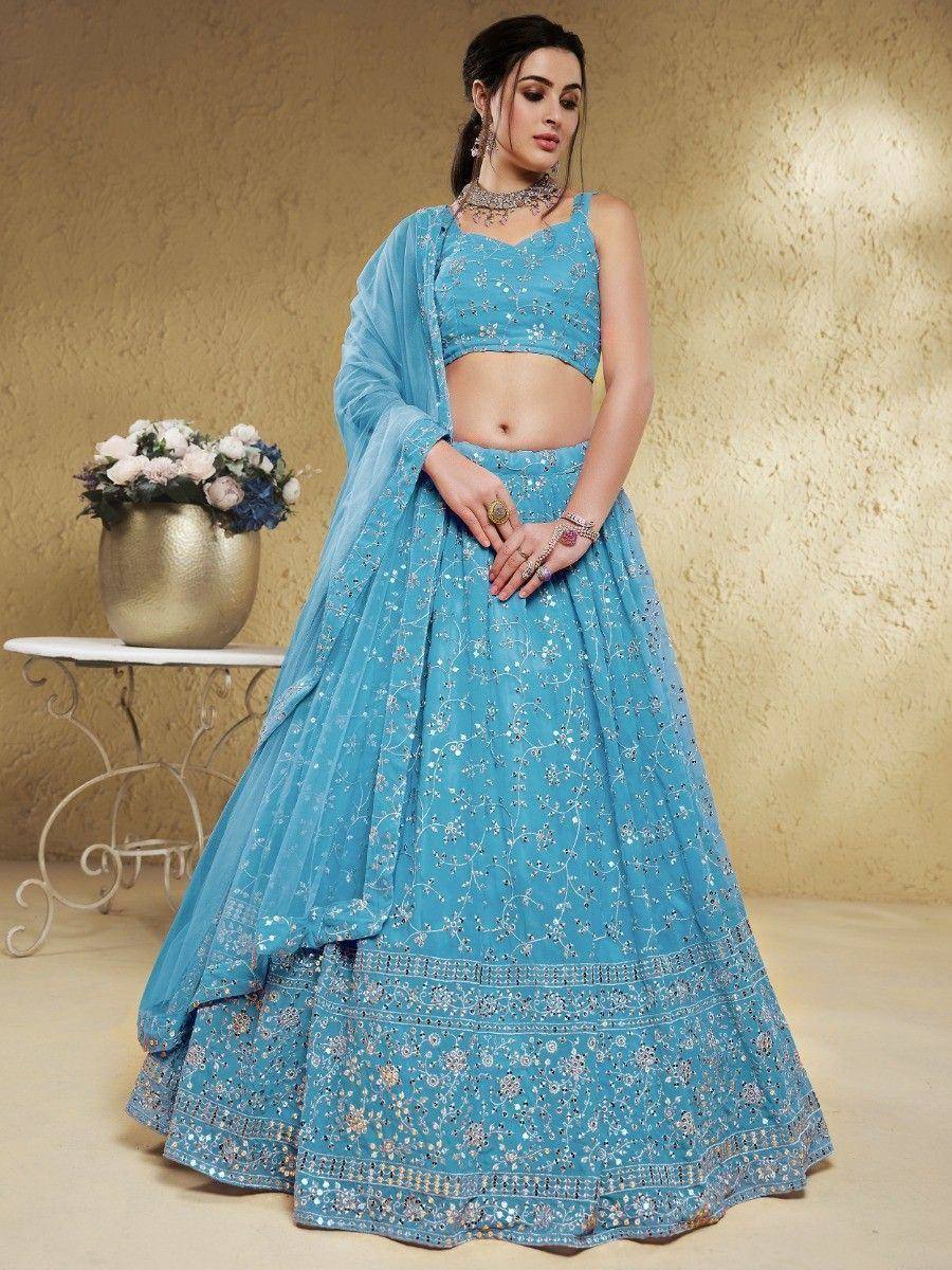 Tulsi Art Lovely Sky-Blue Embroidered Georgette Engagement Wear Lehenga Choli - Dista