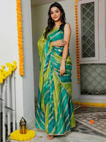 Thumbnail for Tulsi Art Charming Blue & Green Leheriya Printed Cotton Function Wear Saree