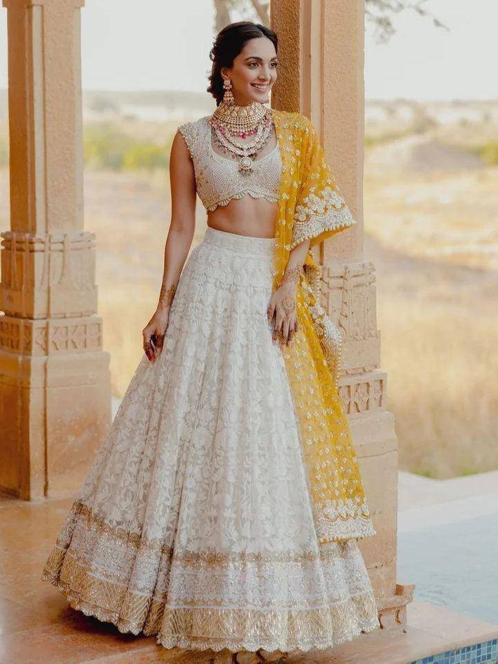 Tulsi Art Kiara Advani Inspired White Embroidered Georgette Bridal Lehenga Choli - Dista