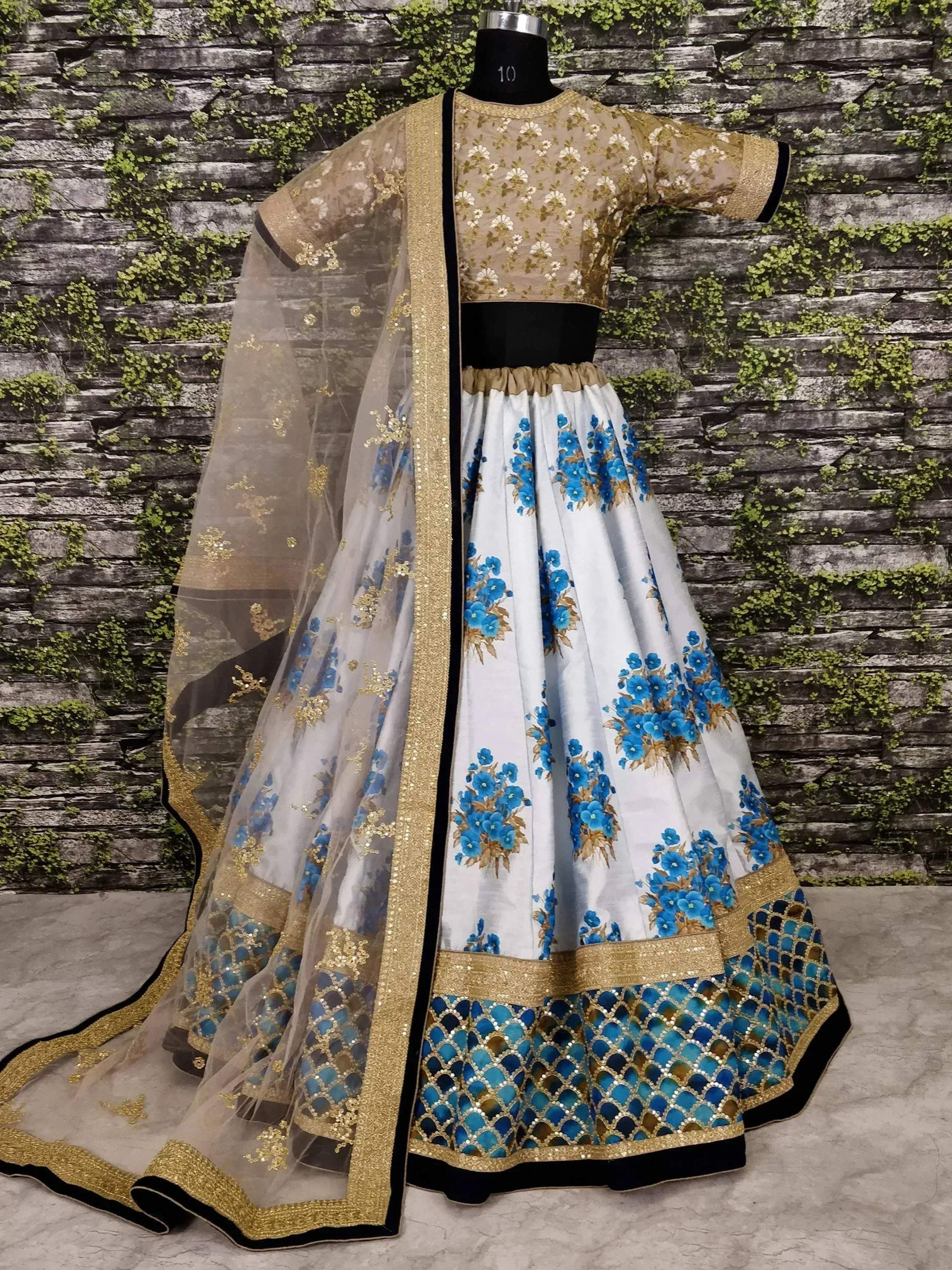 Tulsi Art Off-White Flower Print Silk Wedding Lehenga Choli - Dista