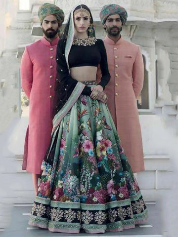 Tulsi Art Beautiful Blue Floral Printed Silk Wedding Lehenga Choli With Dupatta - Dista
