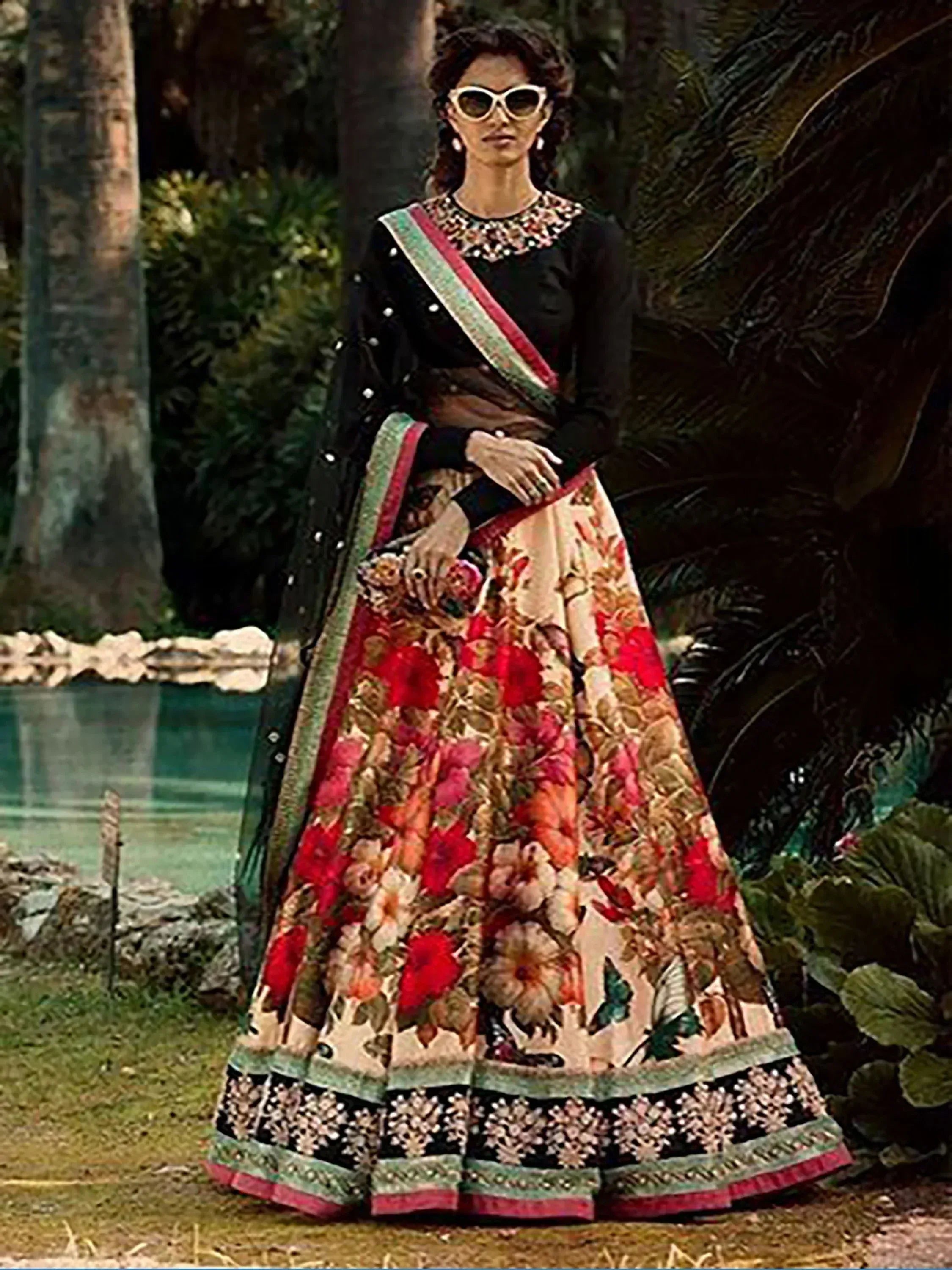 Tulsi Art Multi-Color Floral Printed Silk Wedding Lehenga Choli With Dupatta - Dista