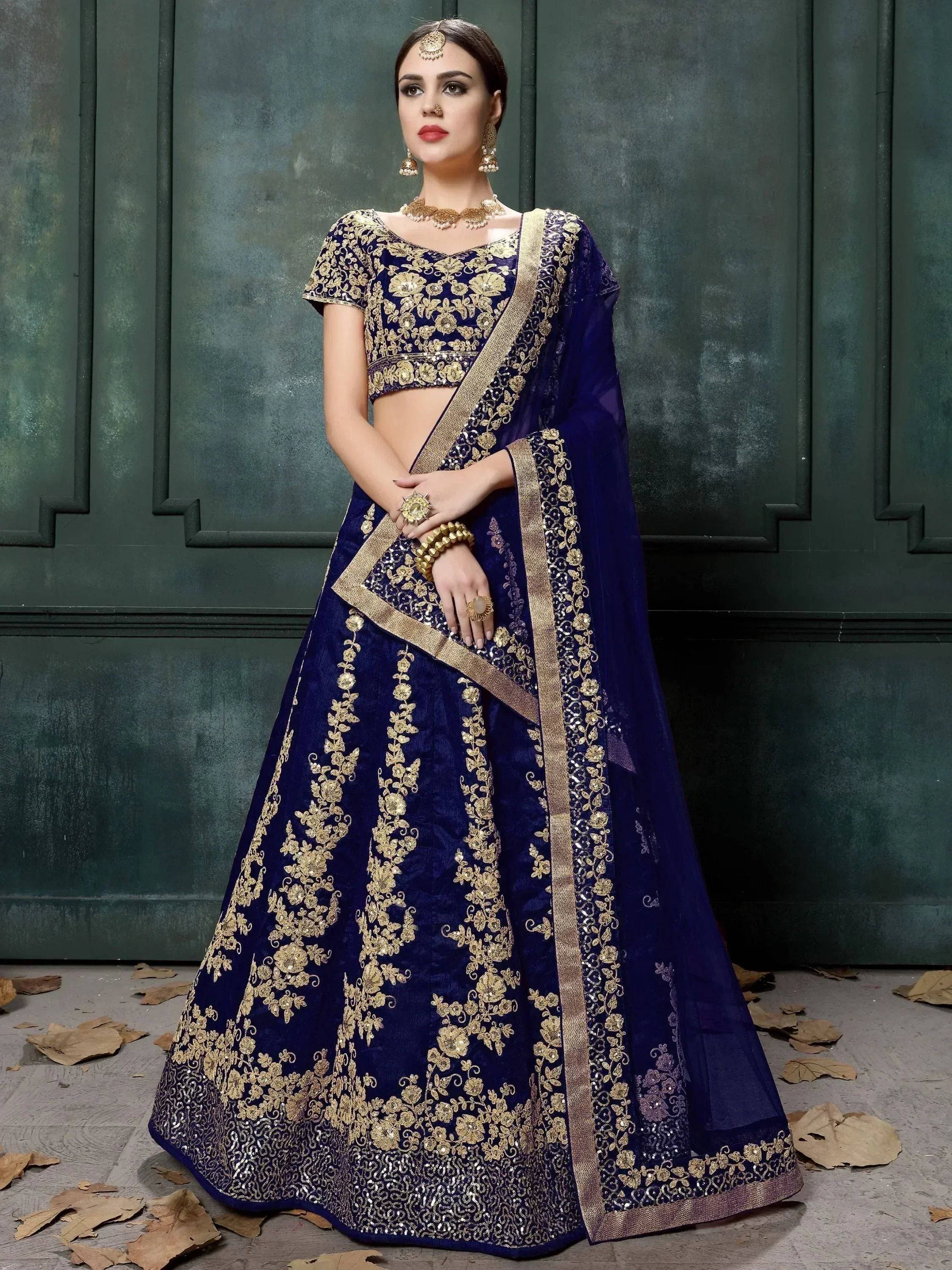 Tulsi Art Navy Blue Applique Embroidery Silk Wedding Lehenga Choli - Dista