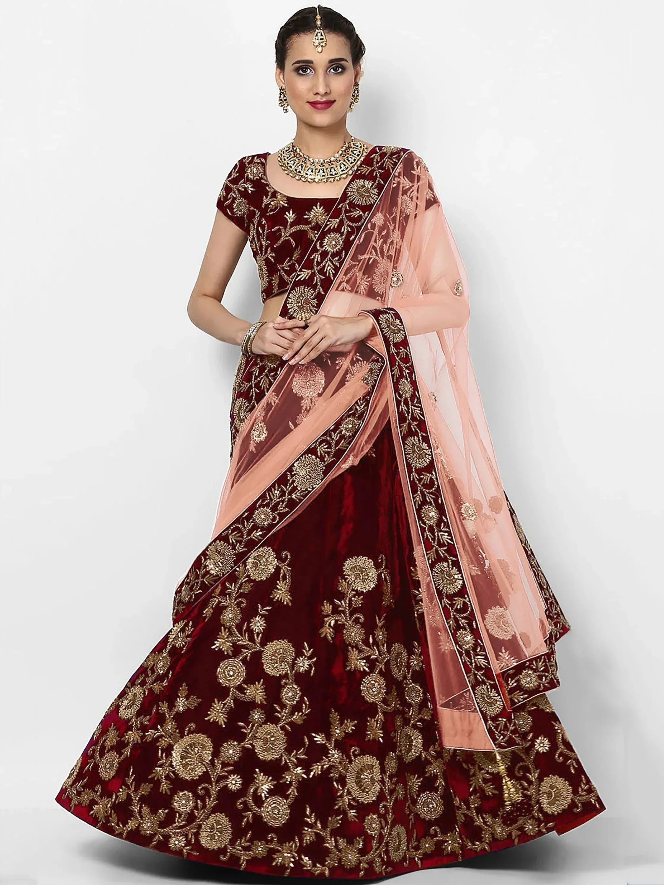 Tulsi Art Maroon Embroidered Velvet Bridal Lehenga Choli With Light Peach Dupatta - Dista
