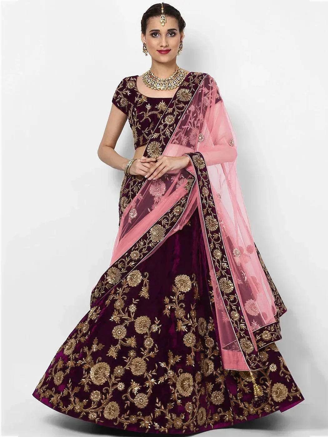 Tulsi Art Purple Embroidered Velvet Bridal Lehenga Choli With Baby Pink Dupatta - Dista