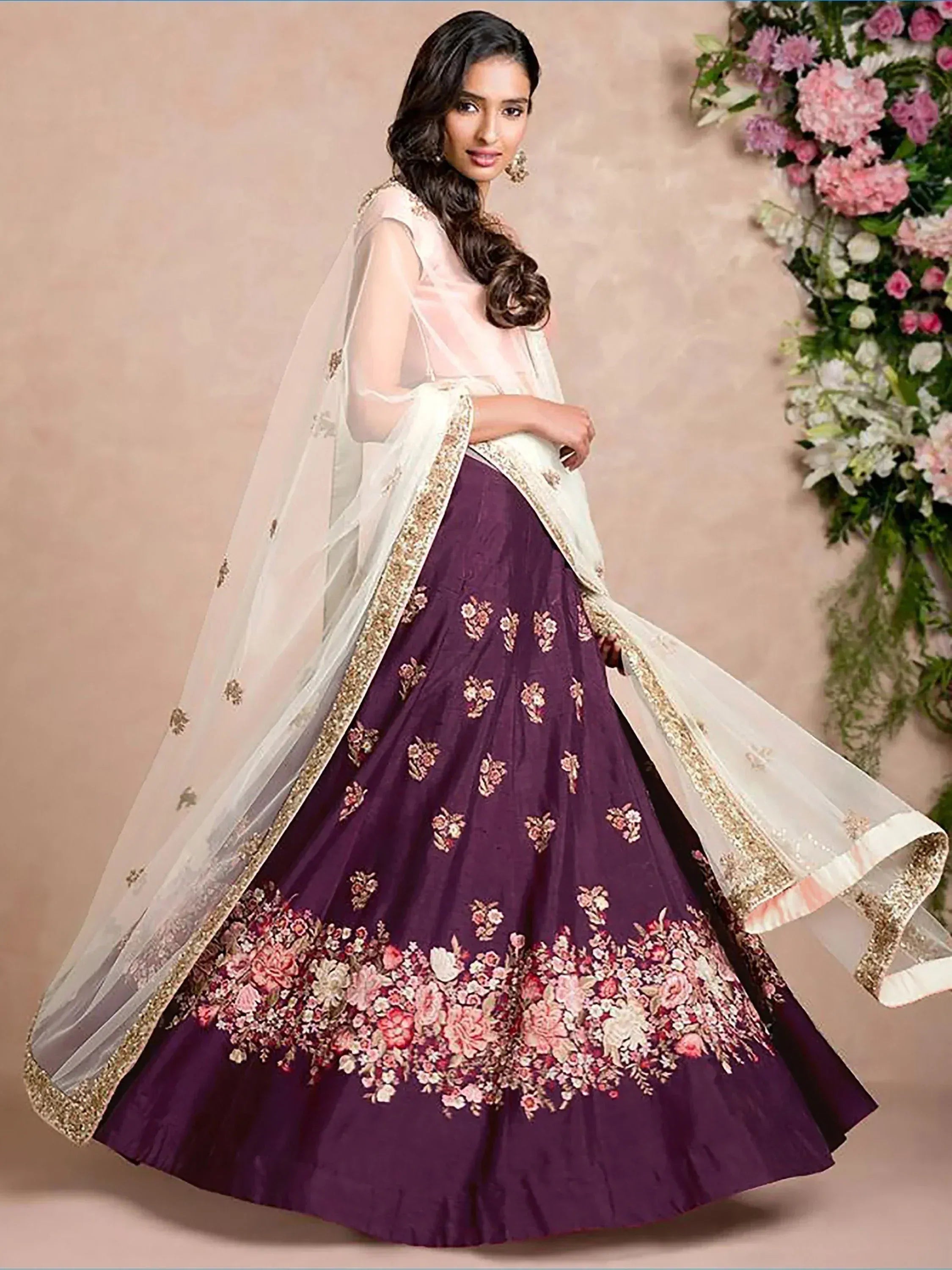 Tulsi Art Purple Dori Embroidered Silk Bridal Wedding Lehenga Choli - Dista