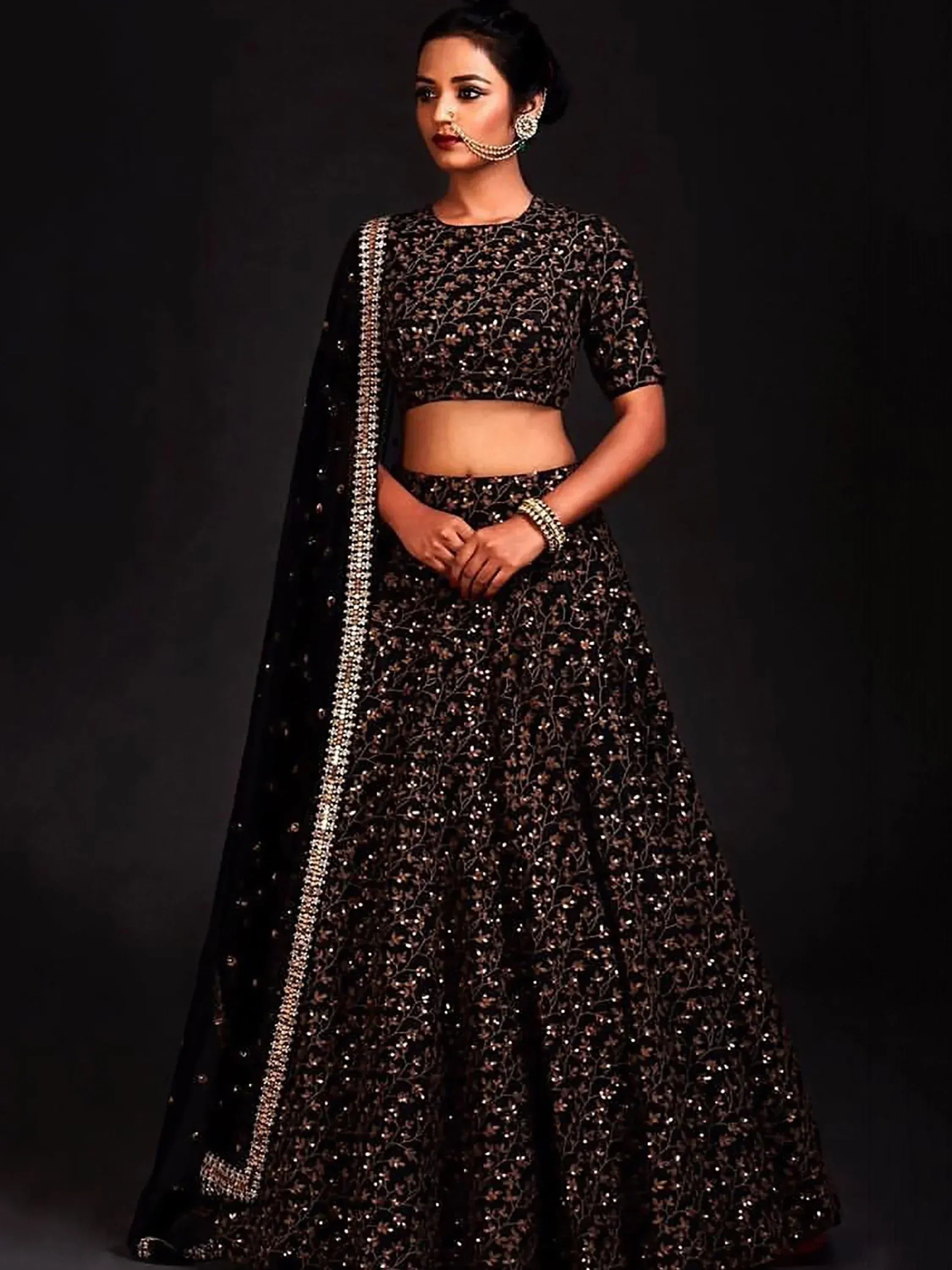 Tulsi Art Black Zari Embroidered Silk Bridal Lehenga Choli - Dista