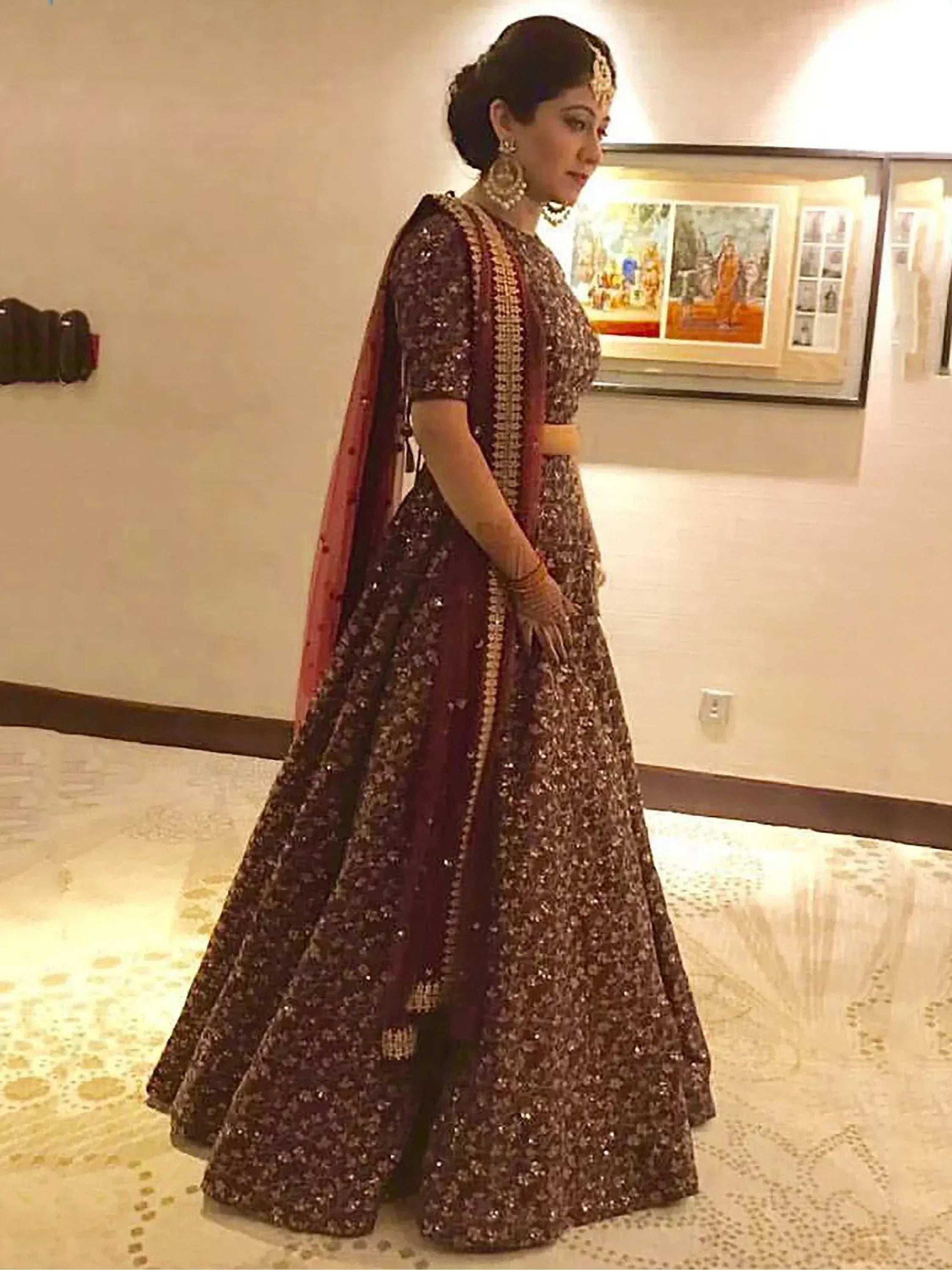 Tulsi Art Maroon Zari Embroidered Silk Bridal Lehenga Choli - Dista