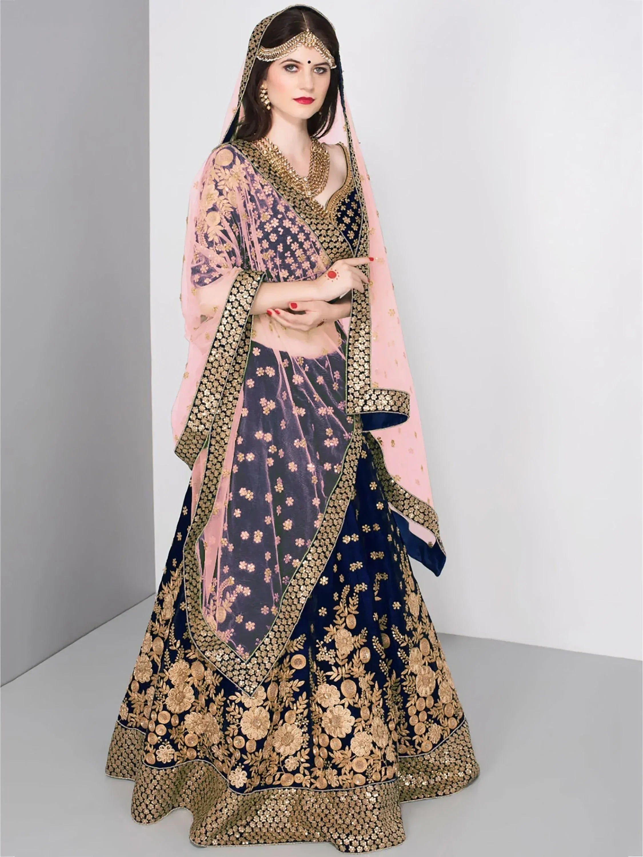 Tulsi Art Blue Embroidered Velvet Wedding Lehenga Choli With Dupatta - Dista