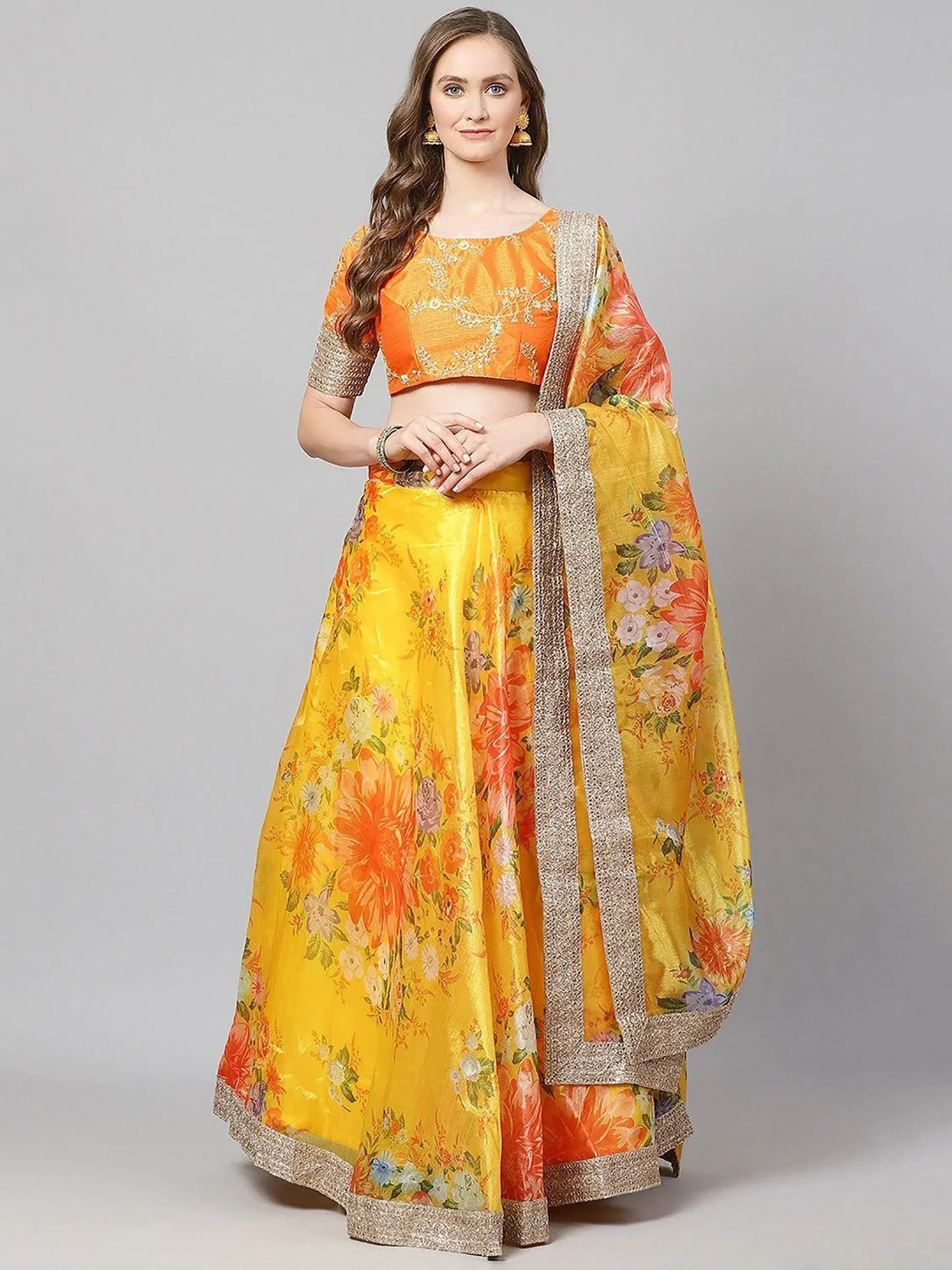 Tulsi Art Yellow Floral Digital Printed Organza Bridal Lehenga Choli