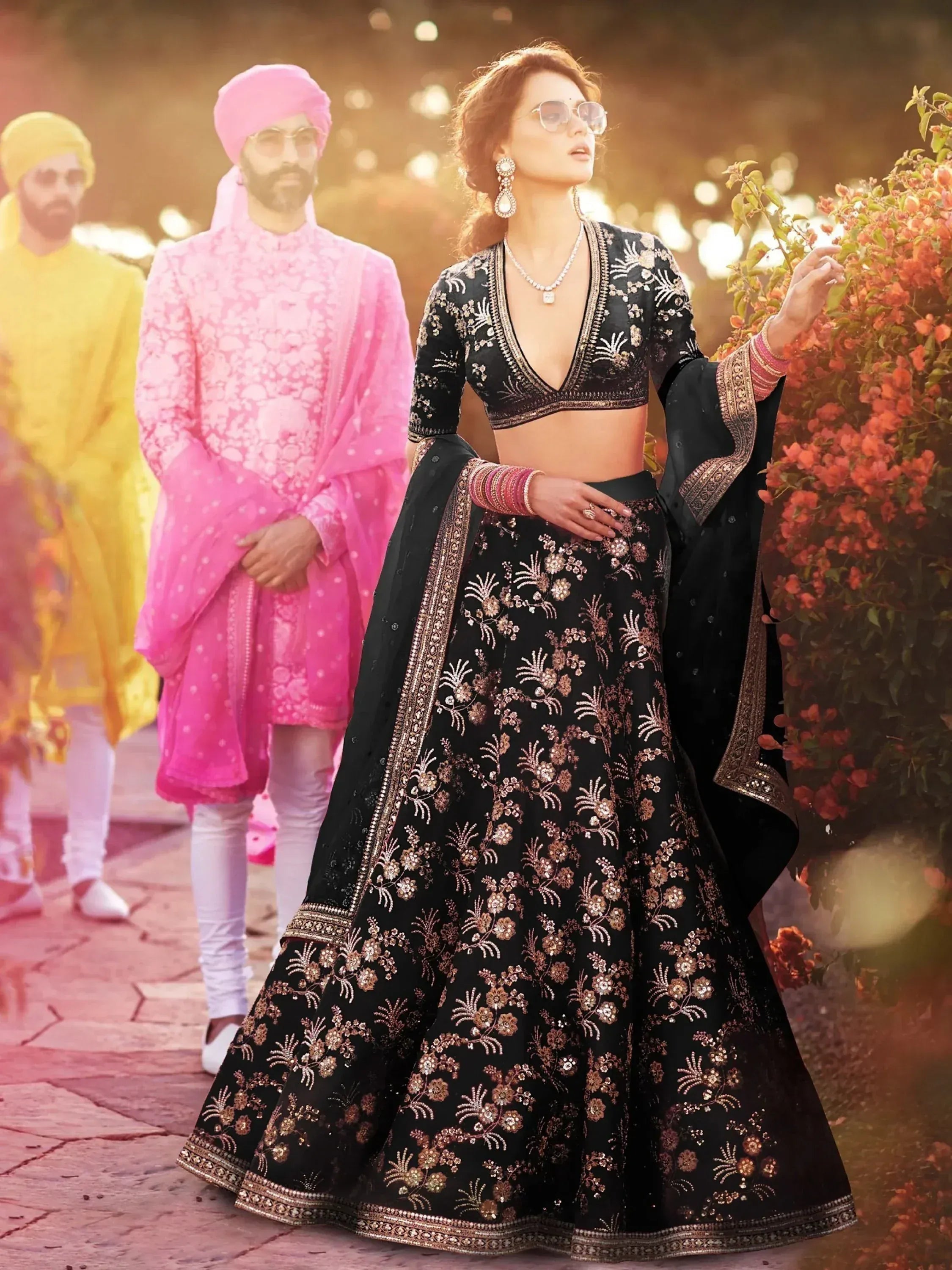 Tulsi Art Black Embroidery Thai Silk Bridal Lehenga Choli - Dista