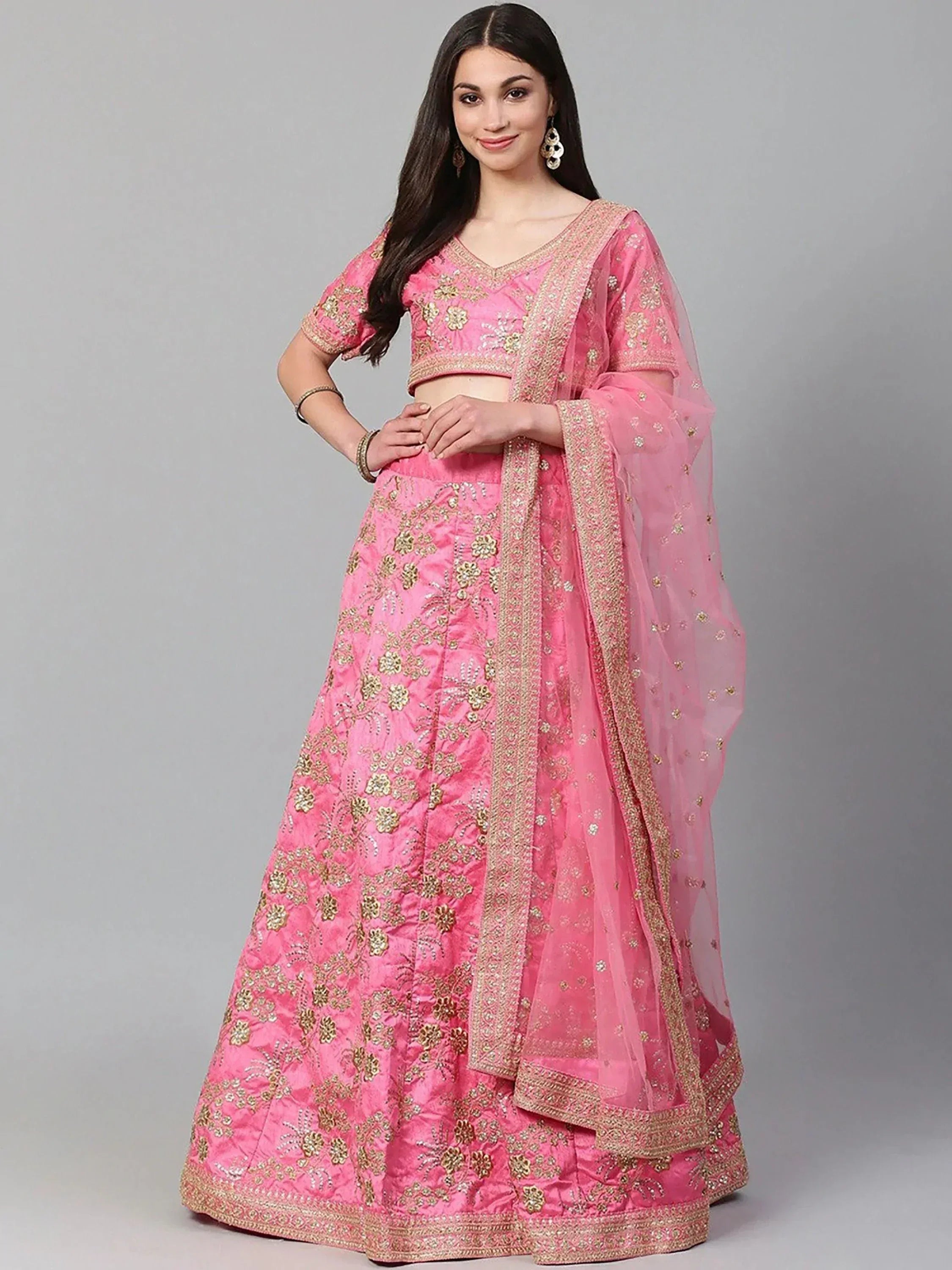 Tulsi Art Pink Embroidery Thai Silk Bridal Lehenga Choli - Dista