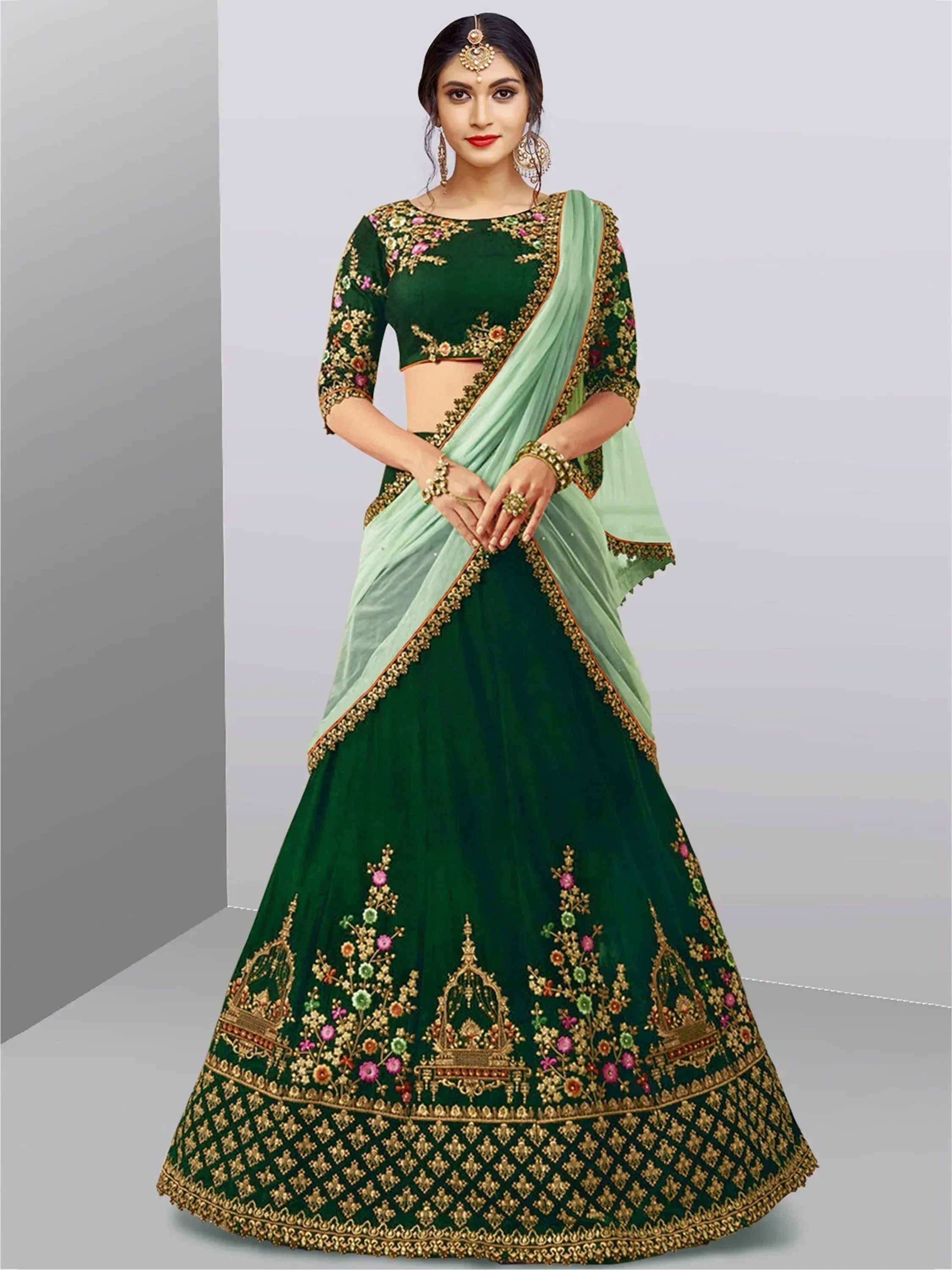Tulsi Art Dark Green Embroidered Taffeta Silk Bridal Lehenga Choli - Dista