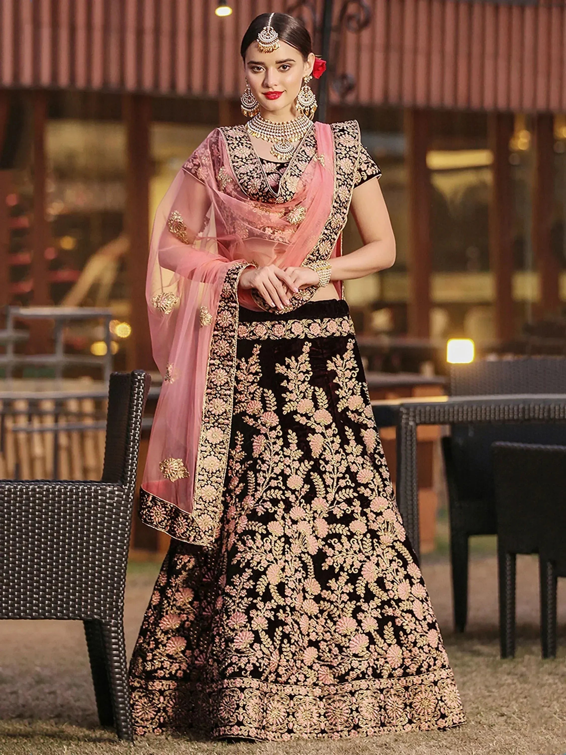 Tulsi Art Maroon Embroidered Pure Velvet Bridal Wedding Lehenga Choli For Women - Dista