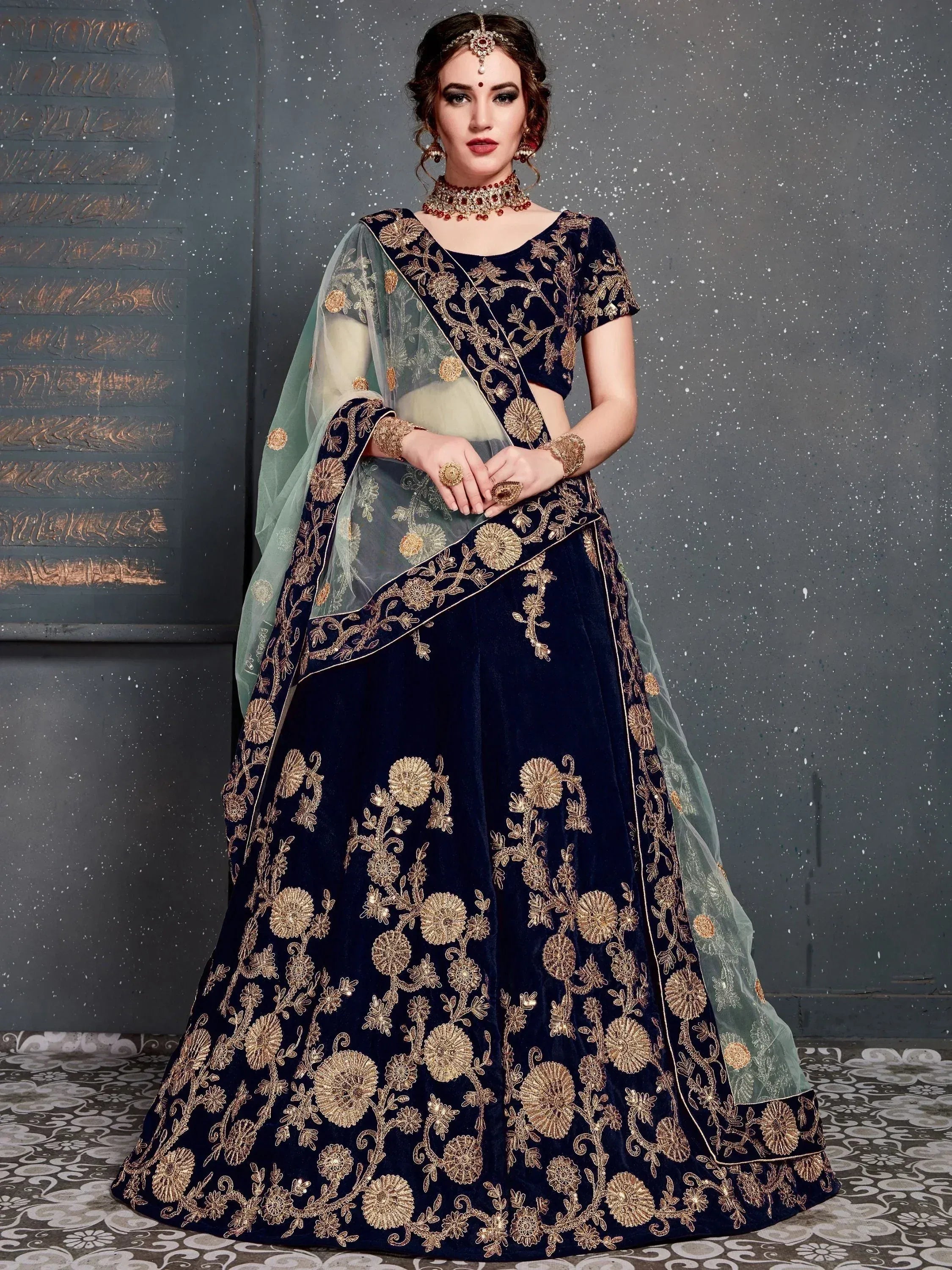 Tulsi Art Navy Blue Embroidered Velvet Bridal Wear Lehenga Choli With Dupatta - Dista