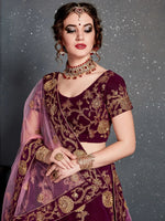 Thumbnail for Tulsi Art Purple Embroidered Velvet Wedding Lehenga Choli