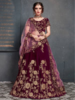 Thumbnail for Tulsi Art Purple Embroidered Velvet Wedding Lehenga Choli