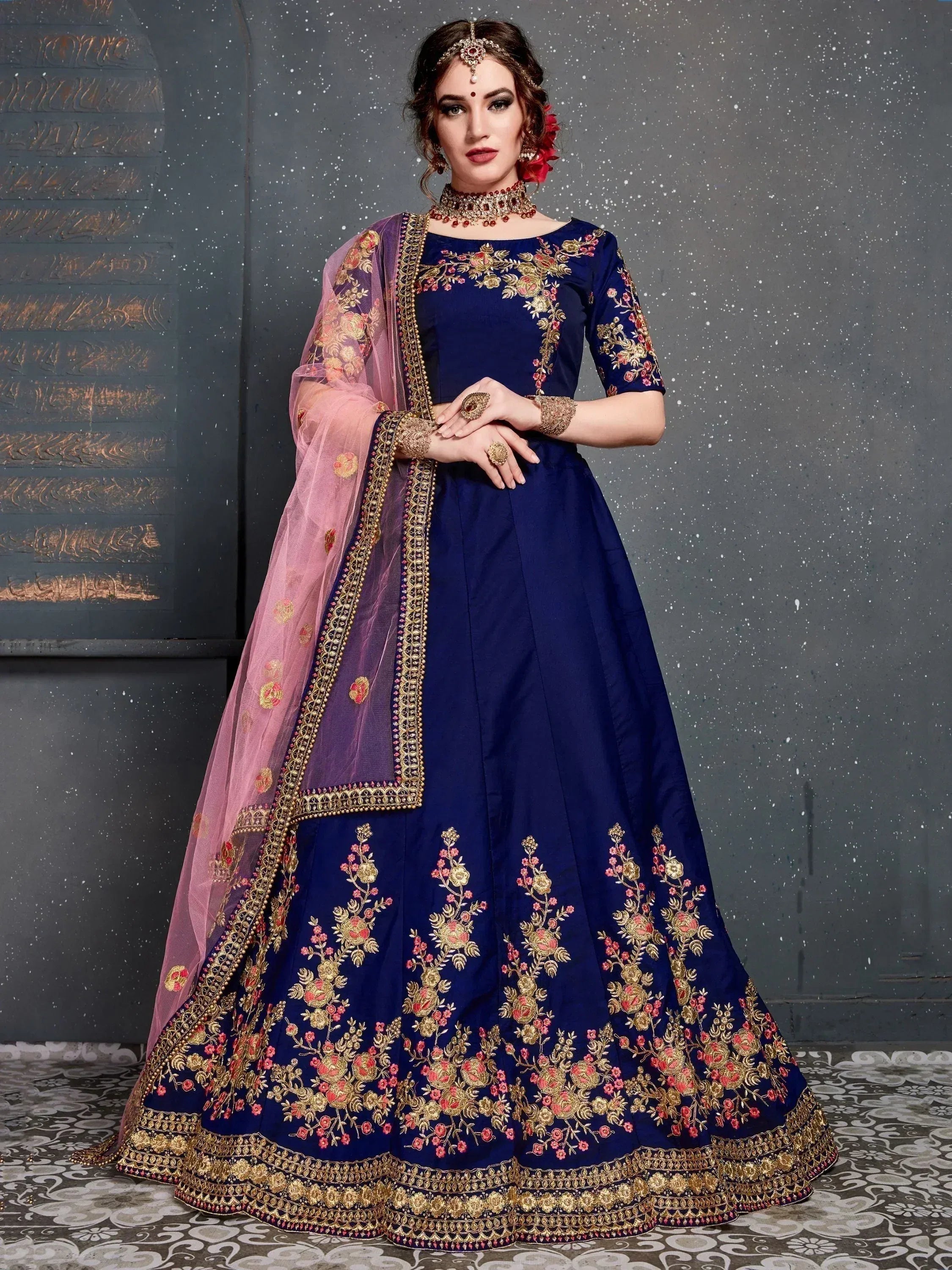 Tulsi Art Navy Blue Embroidered Taffeta Silk Bridal Lehenga Choli With Dupatta - Dista