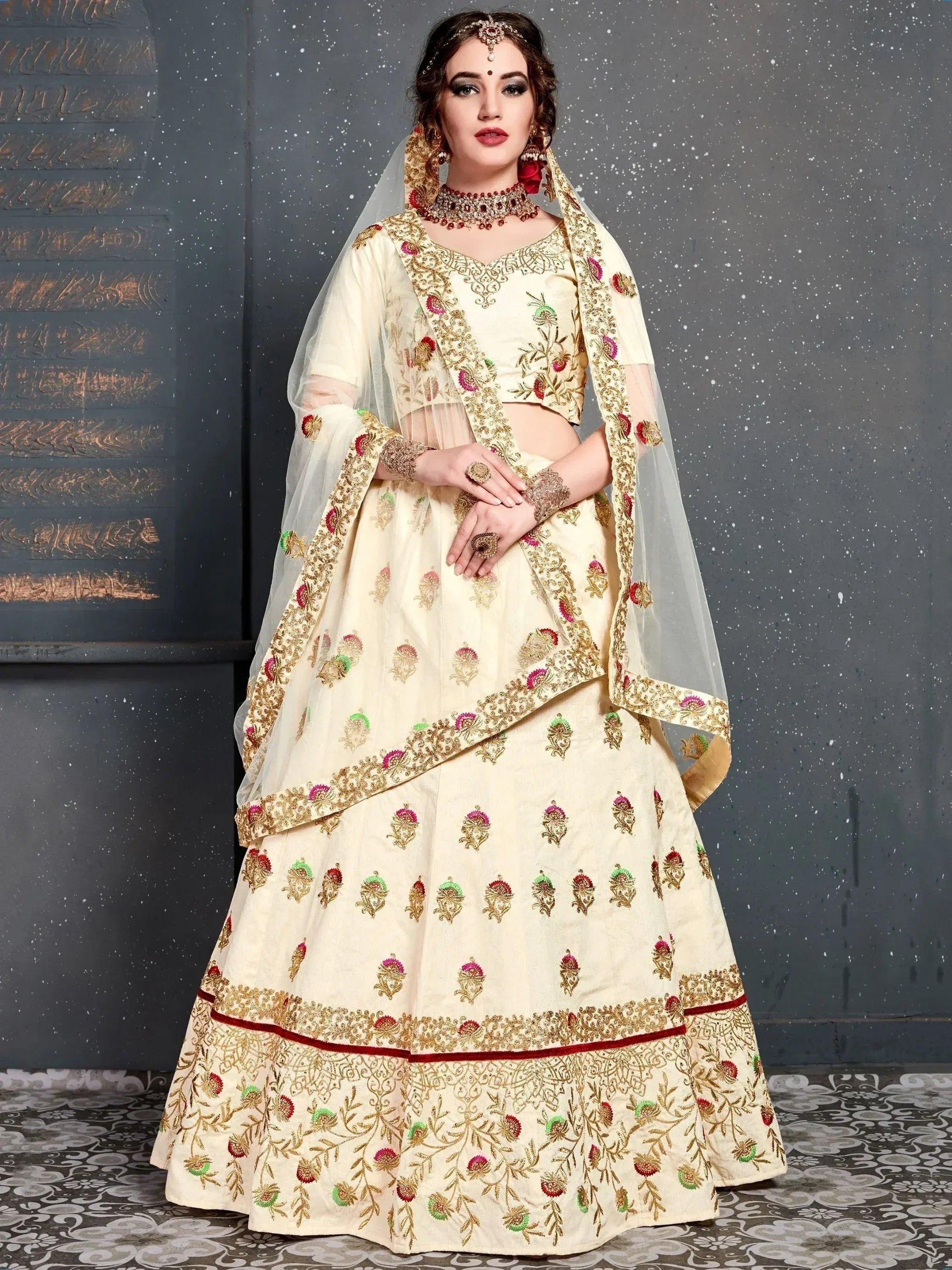 Tulsi Art Cream Embroidered Silk Bridal Lehenga Choli - Dista