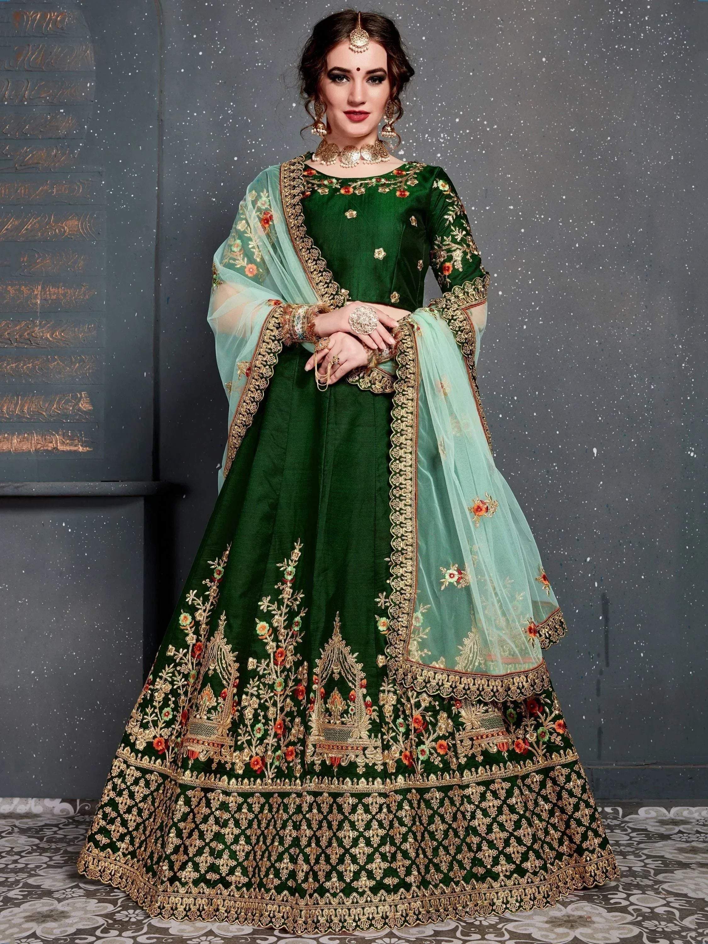 Tulsi Art Bottle Green Embroidered Silk Bridal Lehenga Choli - Dista