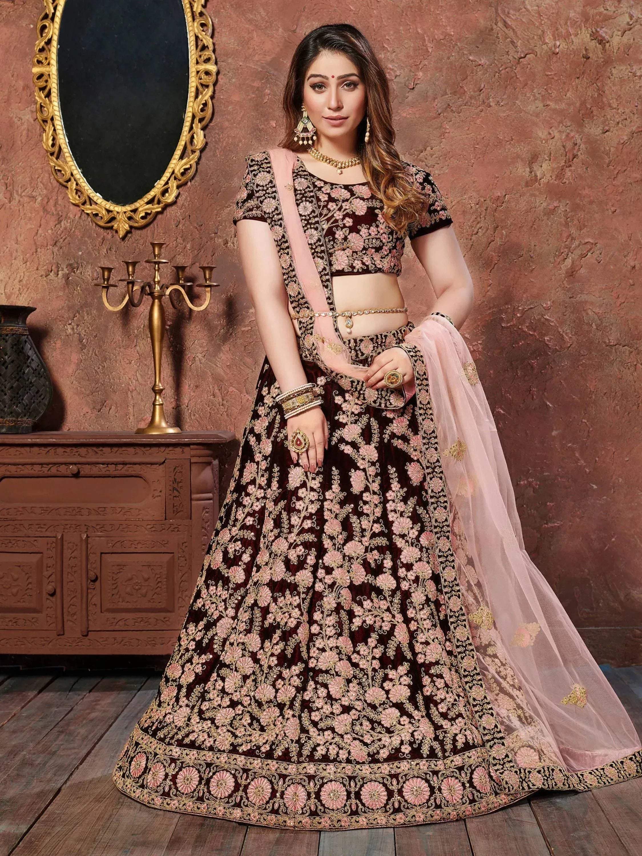 Tulsi Art Maroon Thread Embroidery Velvet Silk Bridal Wear Lehenga Choli And Pastel Pink Dupatta - Dista