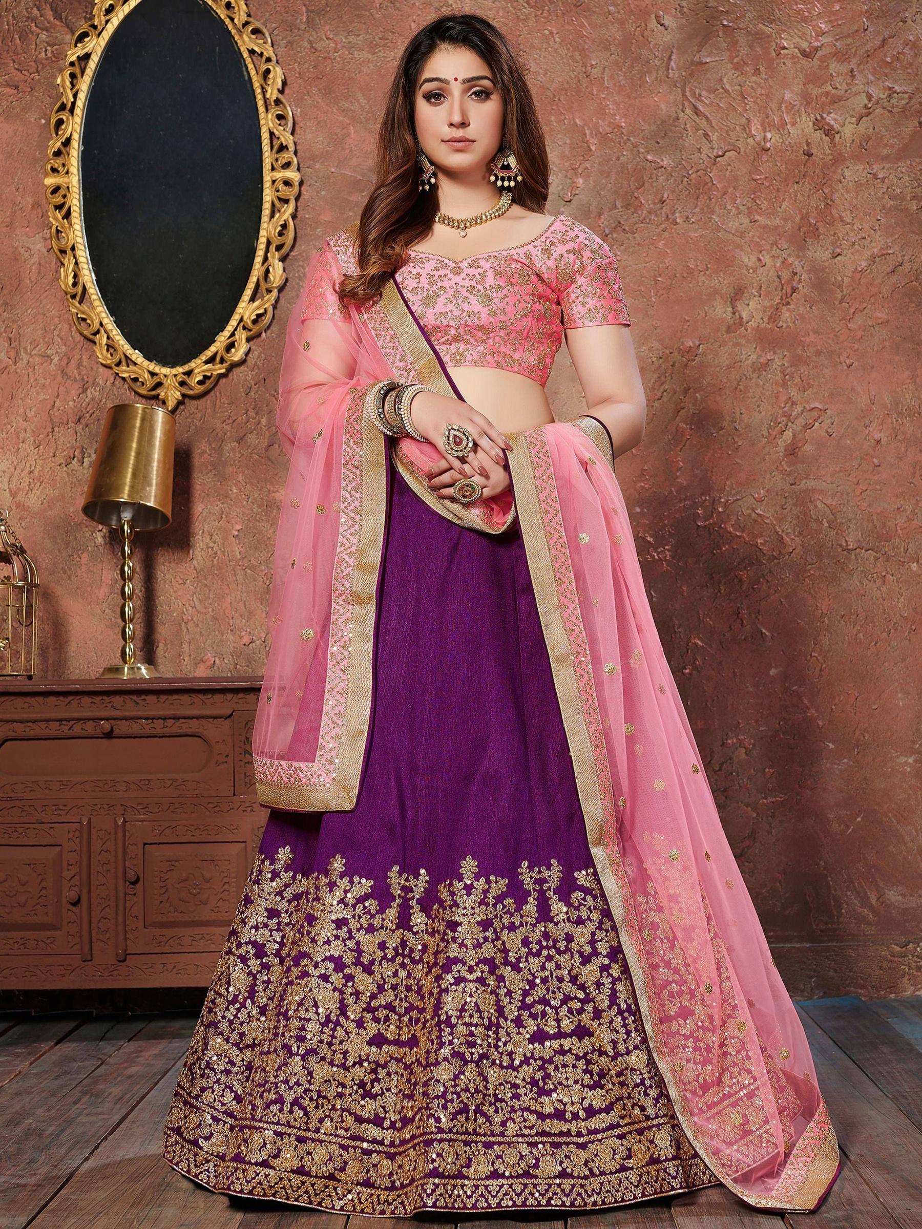 Tulsi Art Purple Sequins Silk Wedding Lehenga With Pastel Pink Choli And Dupatta - Dista