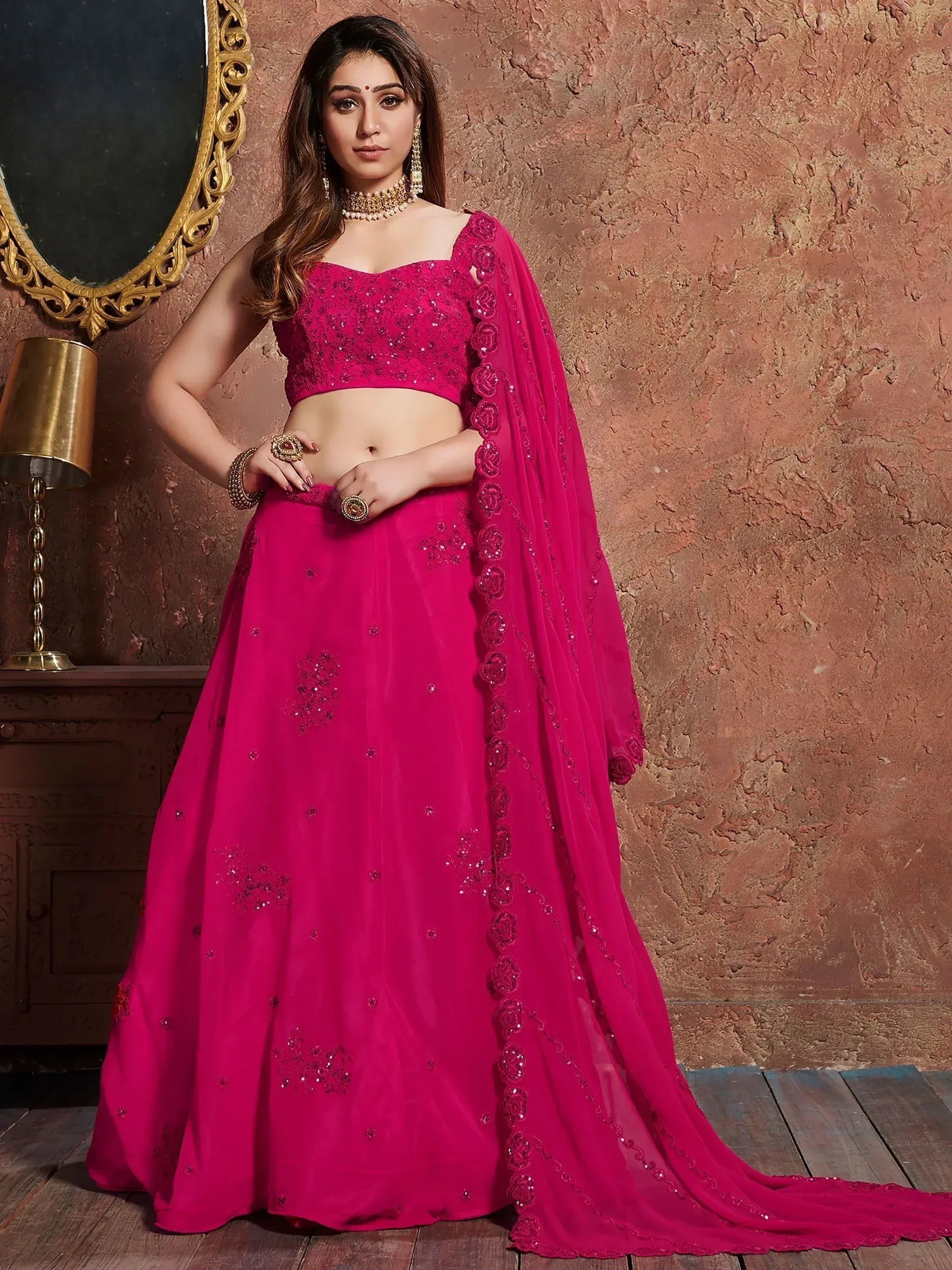 Tulsi Art Pink Sequins Georgette Wedding Lehenga Choli With Dupatta - Dista