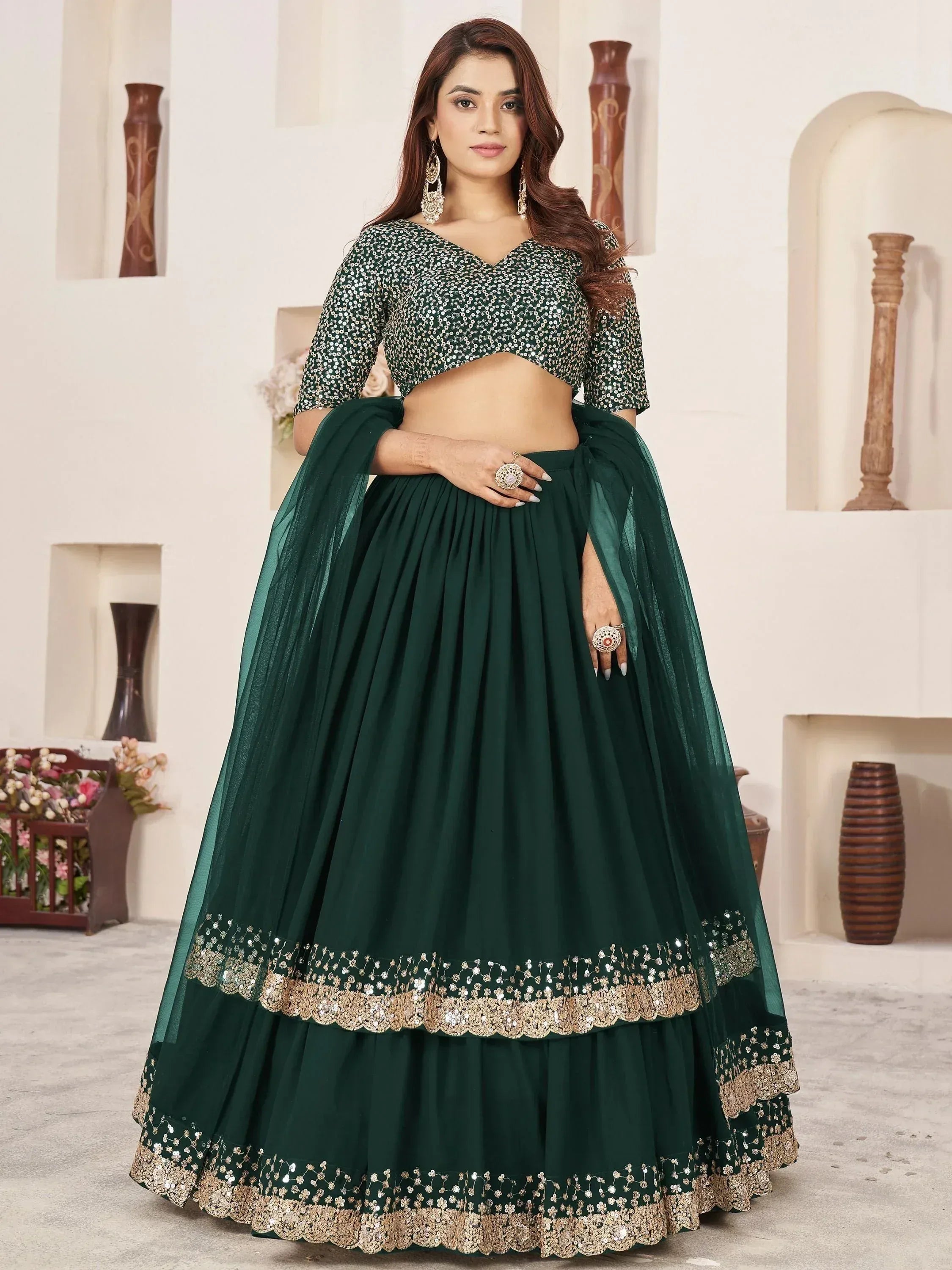 Tulsi Art Captivating Green Sequins Georgette Mehendi Wear Lehenga Choli - Dista