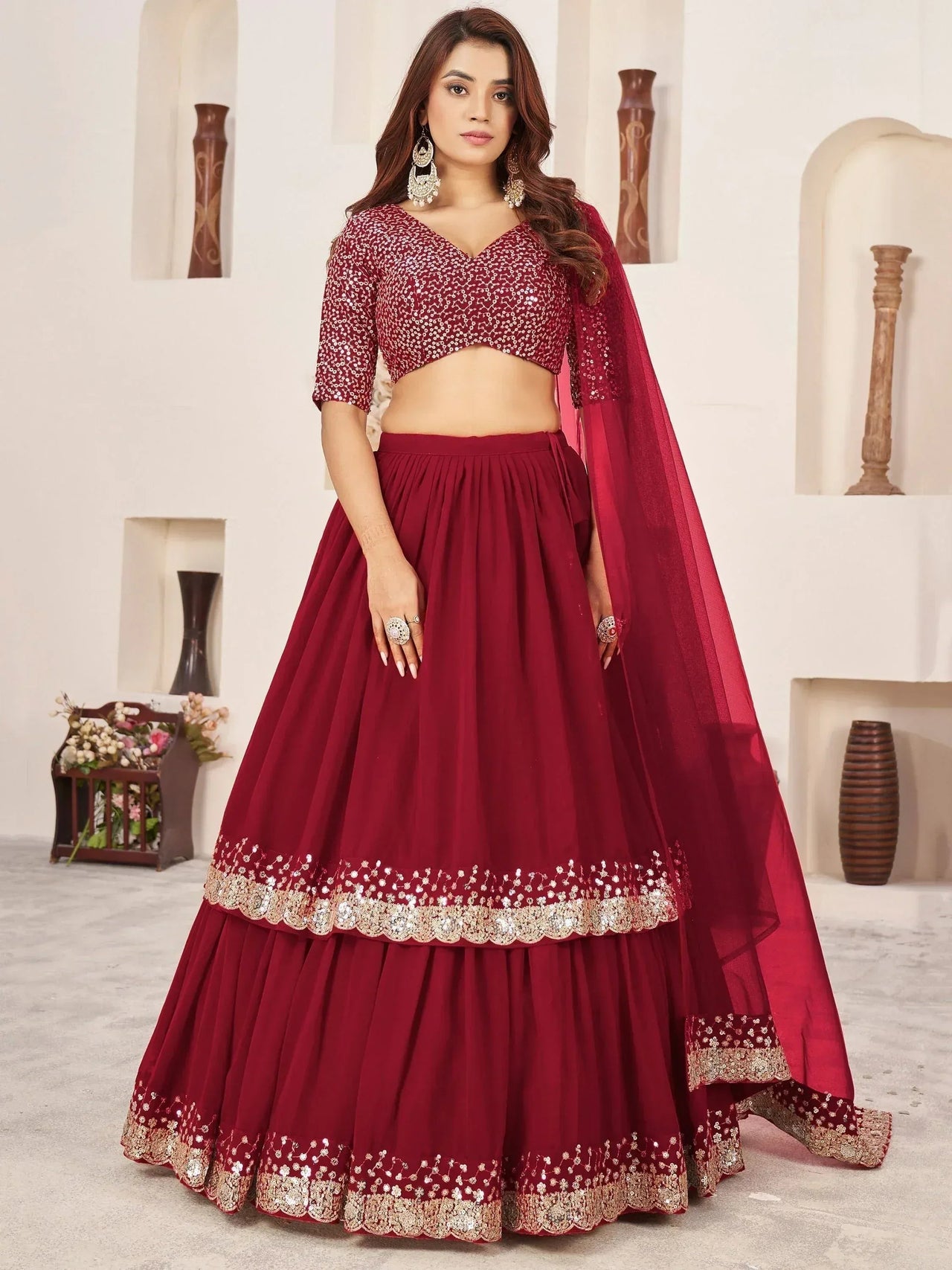 Tulsi Art Stunning Red Sequins Georgette Wedding Wear Lehenga Choli - Dista