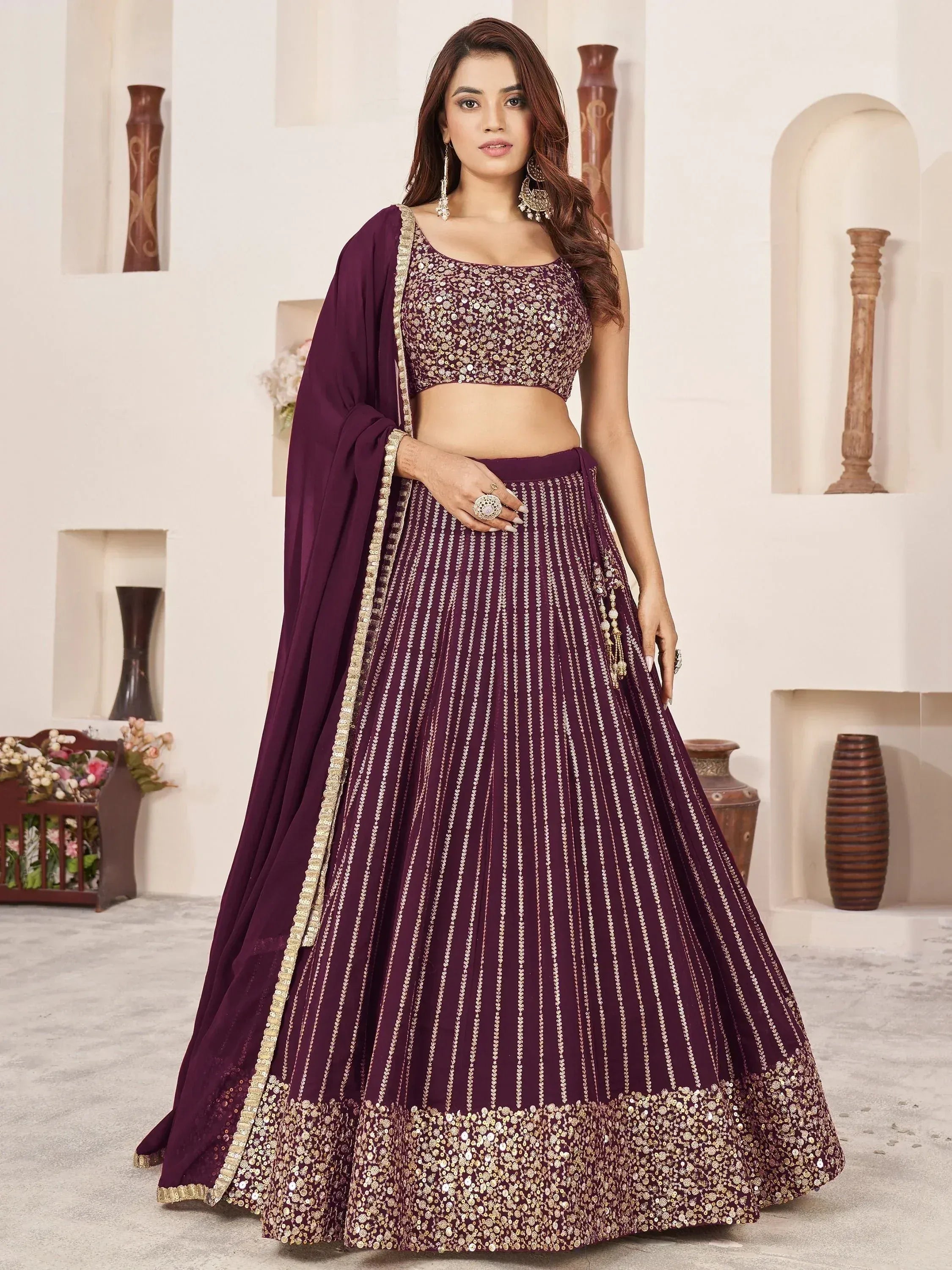 Tulsi Art Enchanting Wine Sequins Georgette Engagement Wear Lehenga Choli - Dista