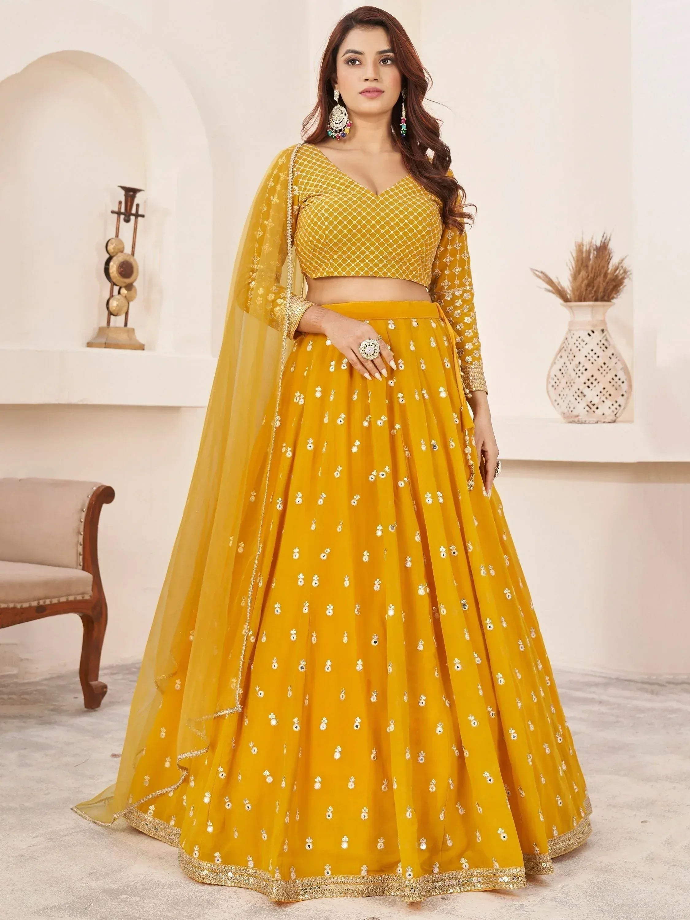Tulsi Art Magnetic Yellow Thread Work Georgette Haldi Wear Lehenga Choli - Dista