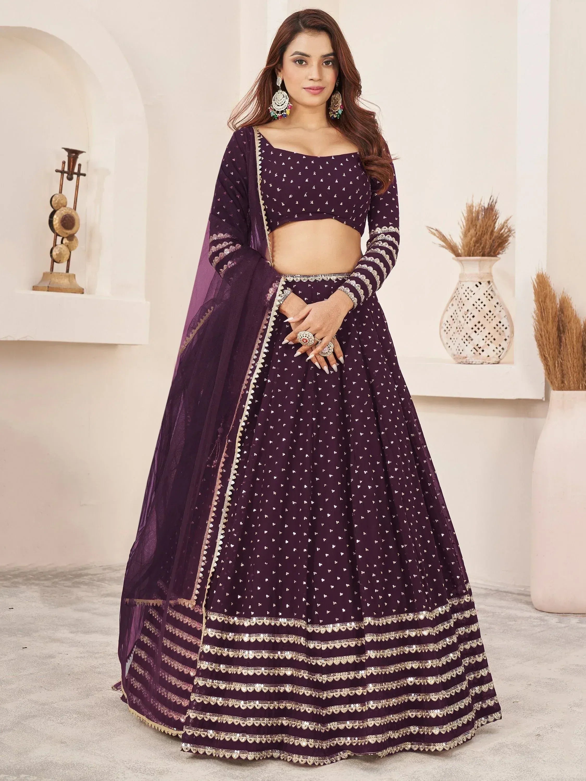 Tulsi Art Charming Purple Sequin Georgette Reception Wear Lehenga Choli - Dista