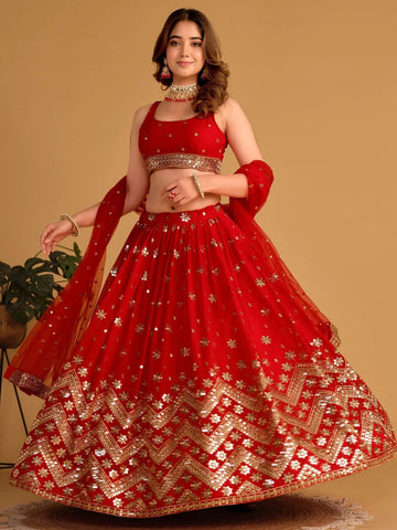 Tulsi Art Fascinating Red Sequins Georgette Wedding Lehenga Choli With Dupatta - Dista