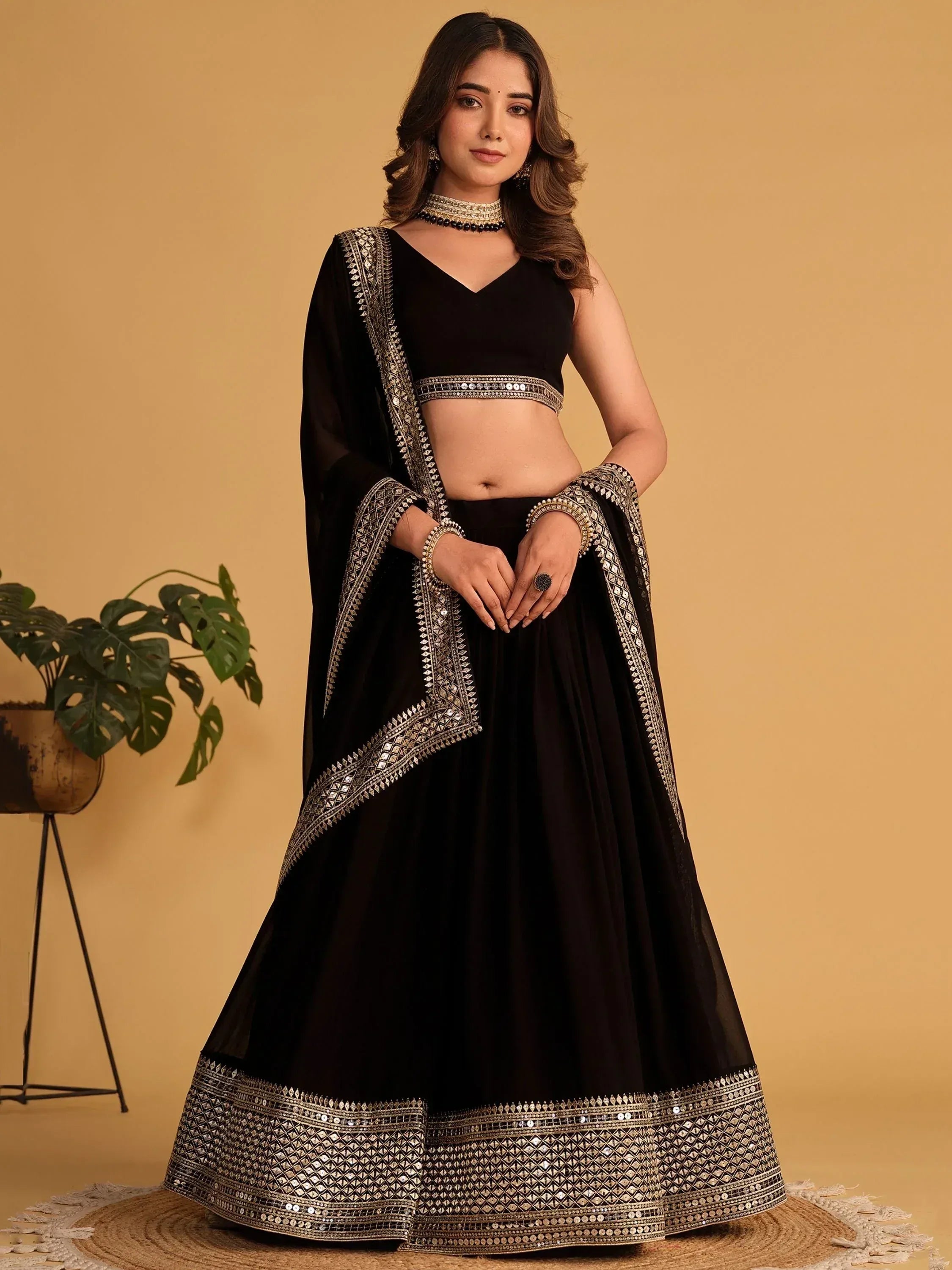 Tulsi Art Beautiful Black Zari Embroidered Georgette Lehenga Choli With Dupatta - Dista