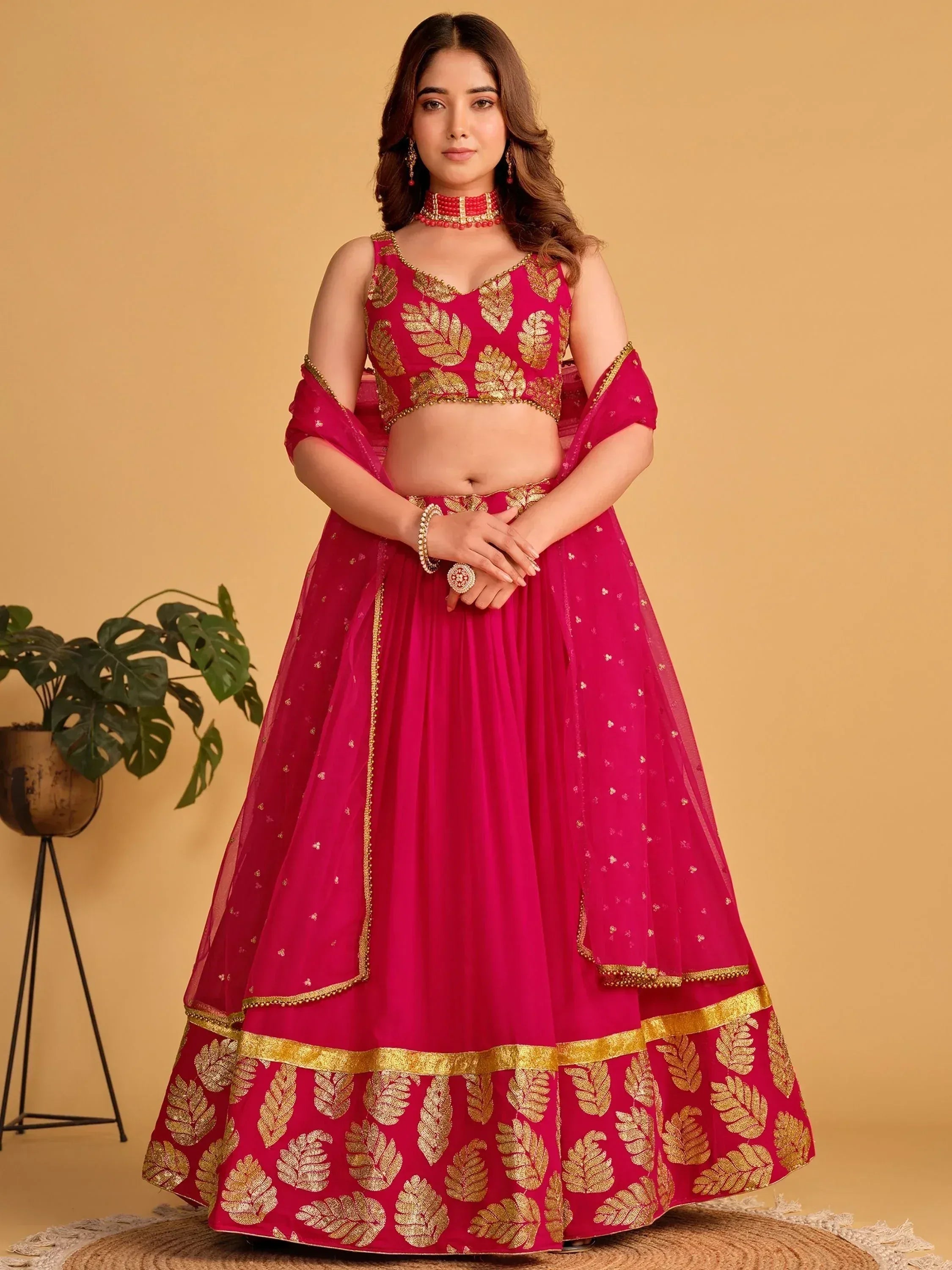 Tulsi Art Fabulous Pink Zari Embroidered Georgette Function Wear Lehenga Choli - Dista