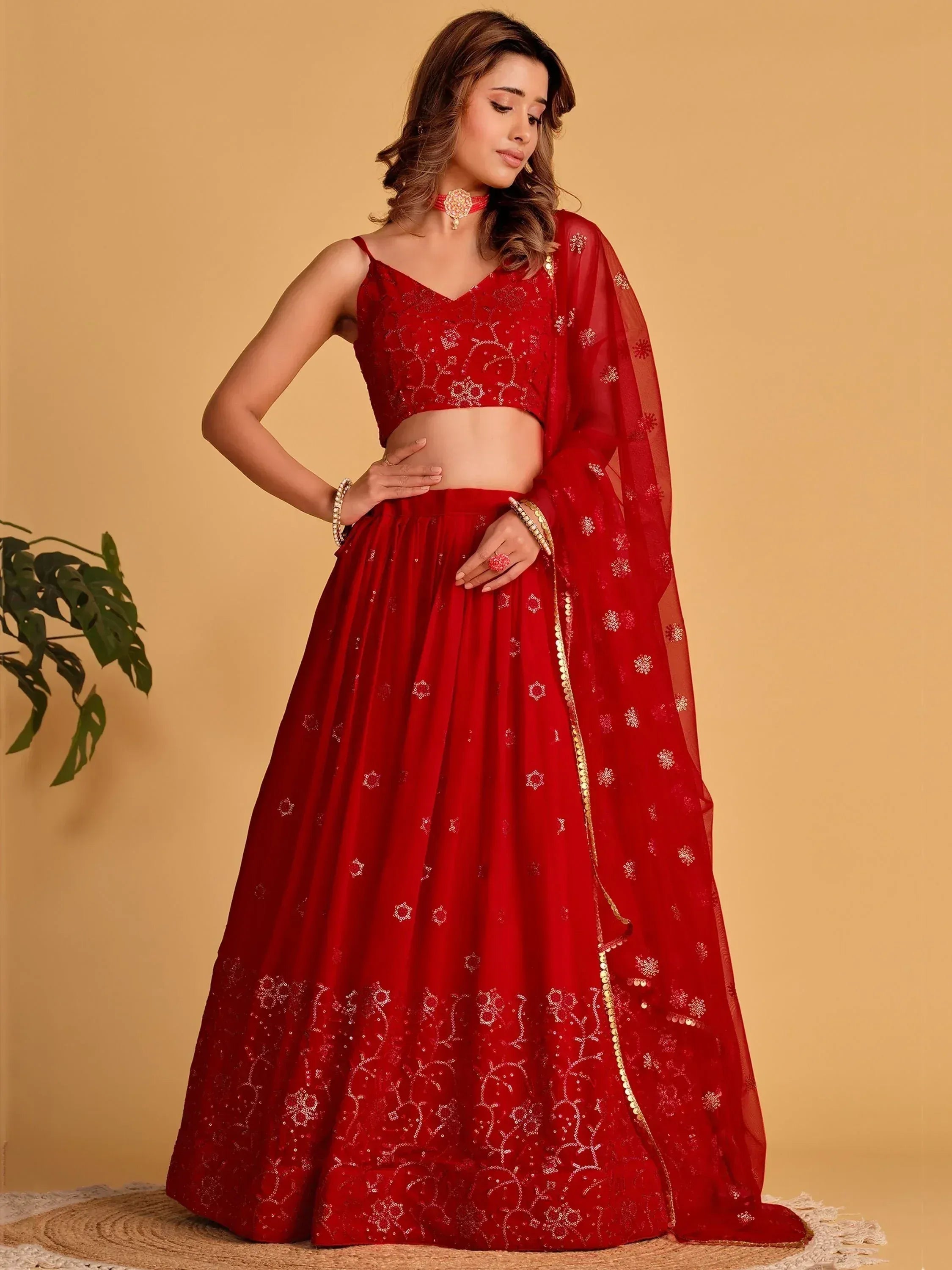Tulsi Art Marvelous Red Embroidered Georgette Engagement Wear Lehenga Choli - Dista