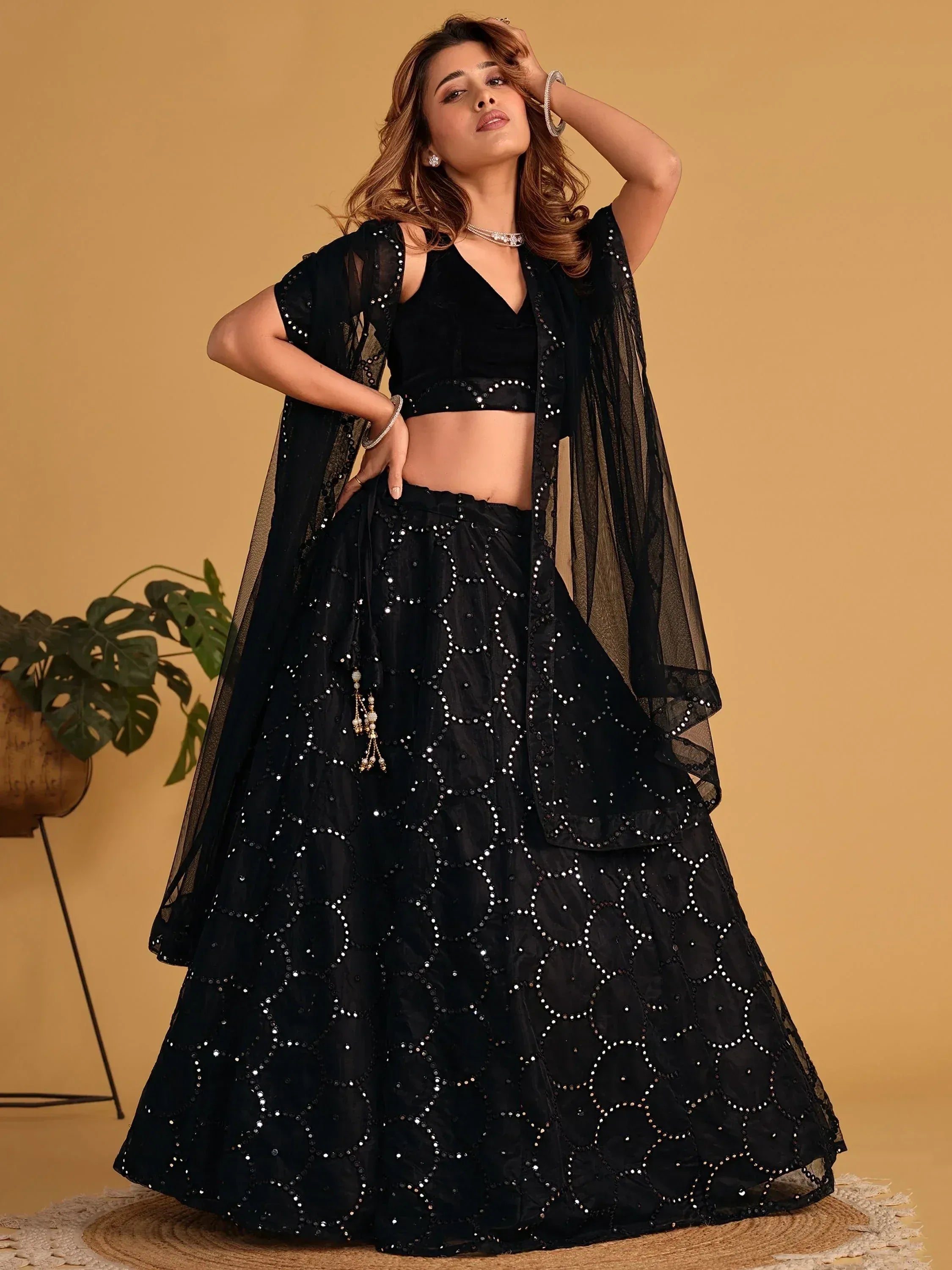 Tulsi Art Mesmerizing Black Mirror Work Organza Reception Wear Lehenga Choli - Dista