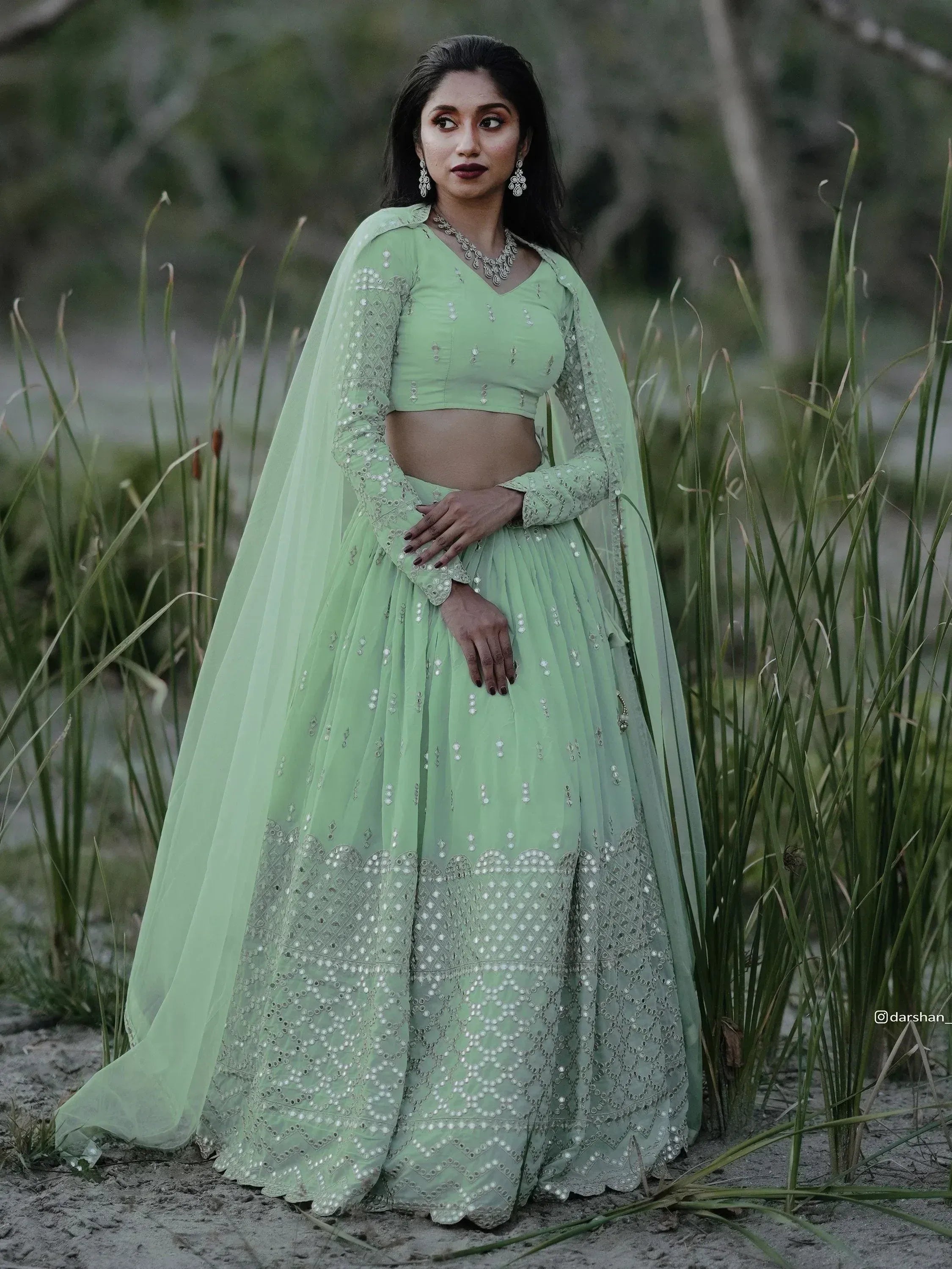 Tulsi Art Adorable Pastel Green Sequins Georgette Reception Wear Lehenga Choli - Dista